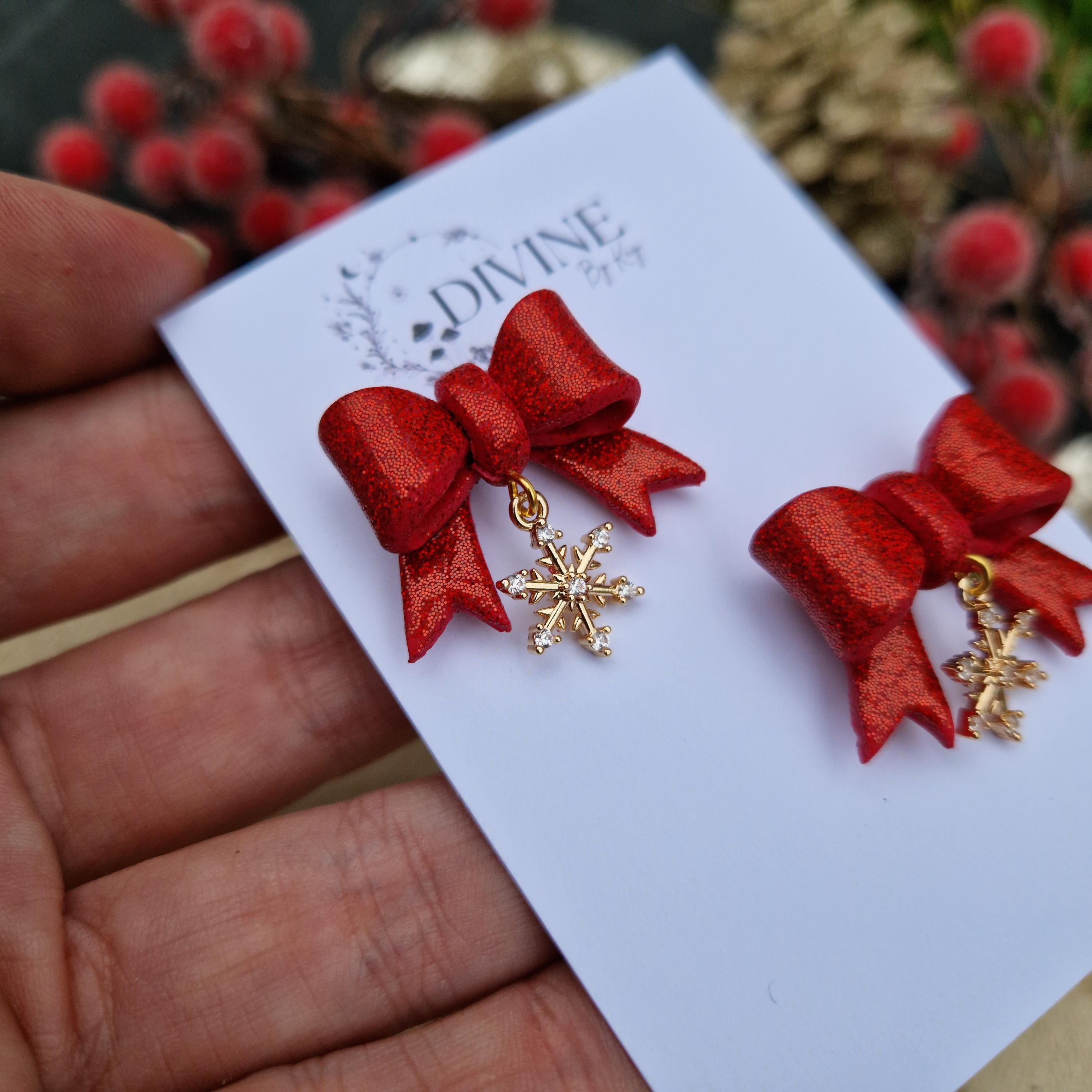 Christmas bow earrings, minimalist earrings, festive earrings, secret santa gift, dainty dangle studs