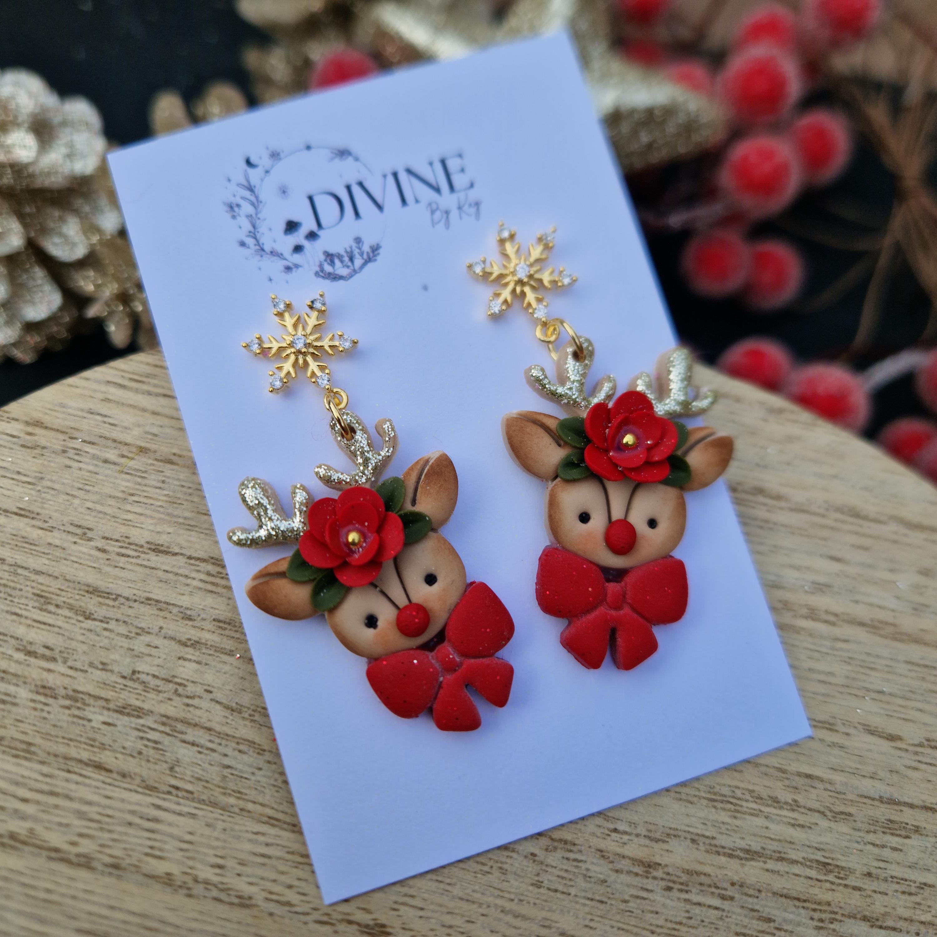 reindeer bow dangle earrings, Christmas earrings, polymer clay earrings, handmade jewellery,