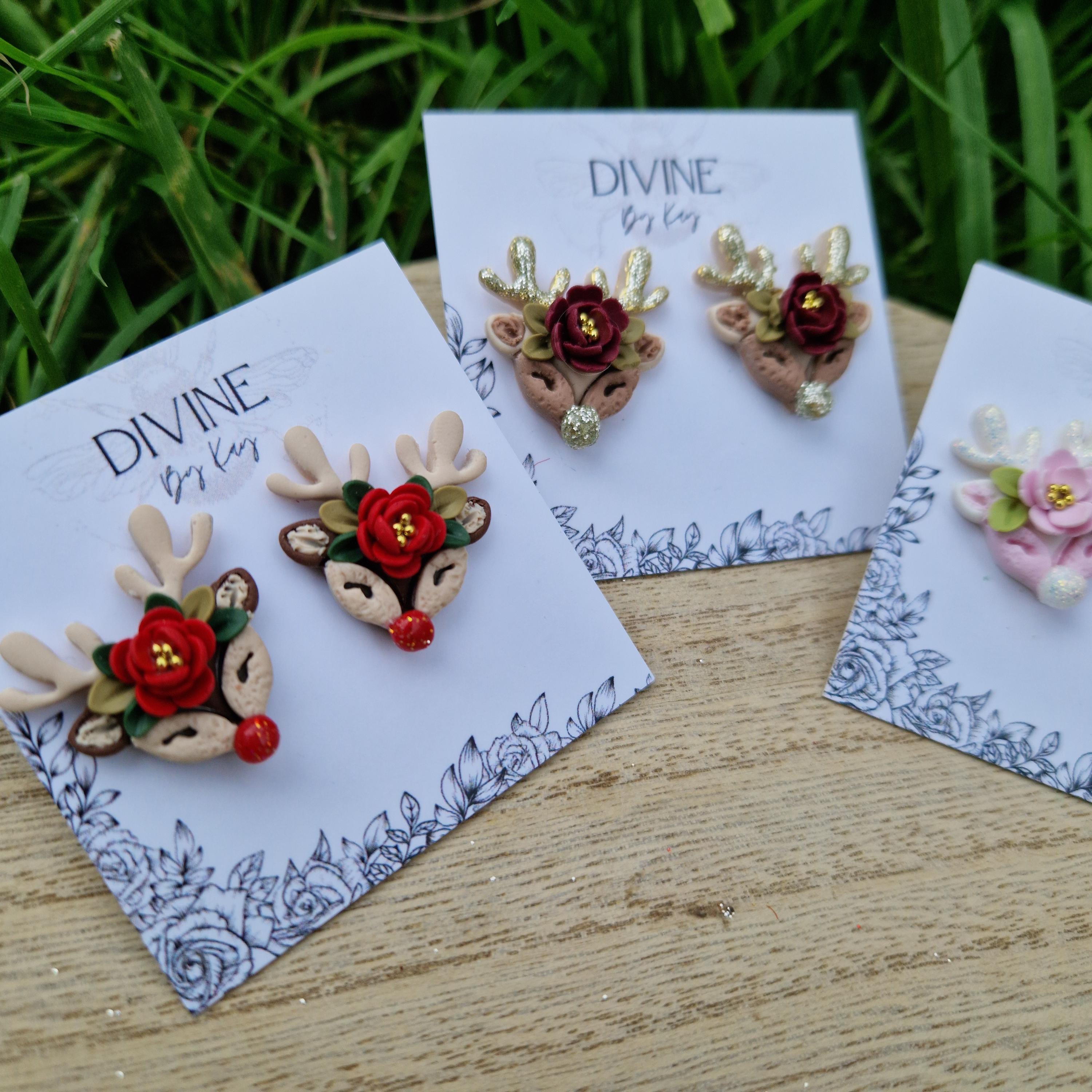 sterling silver reindeer earrings, dainty reindeer studs, polymer clay earrings, handmade jewellery,
