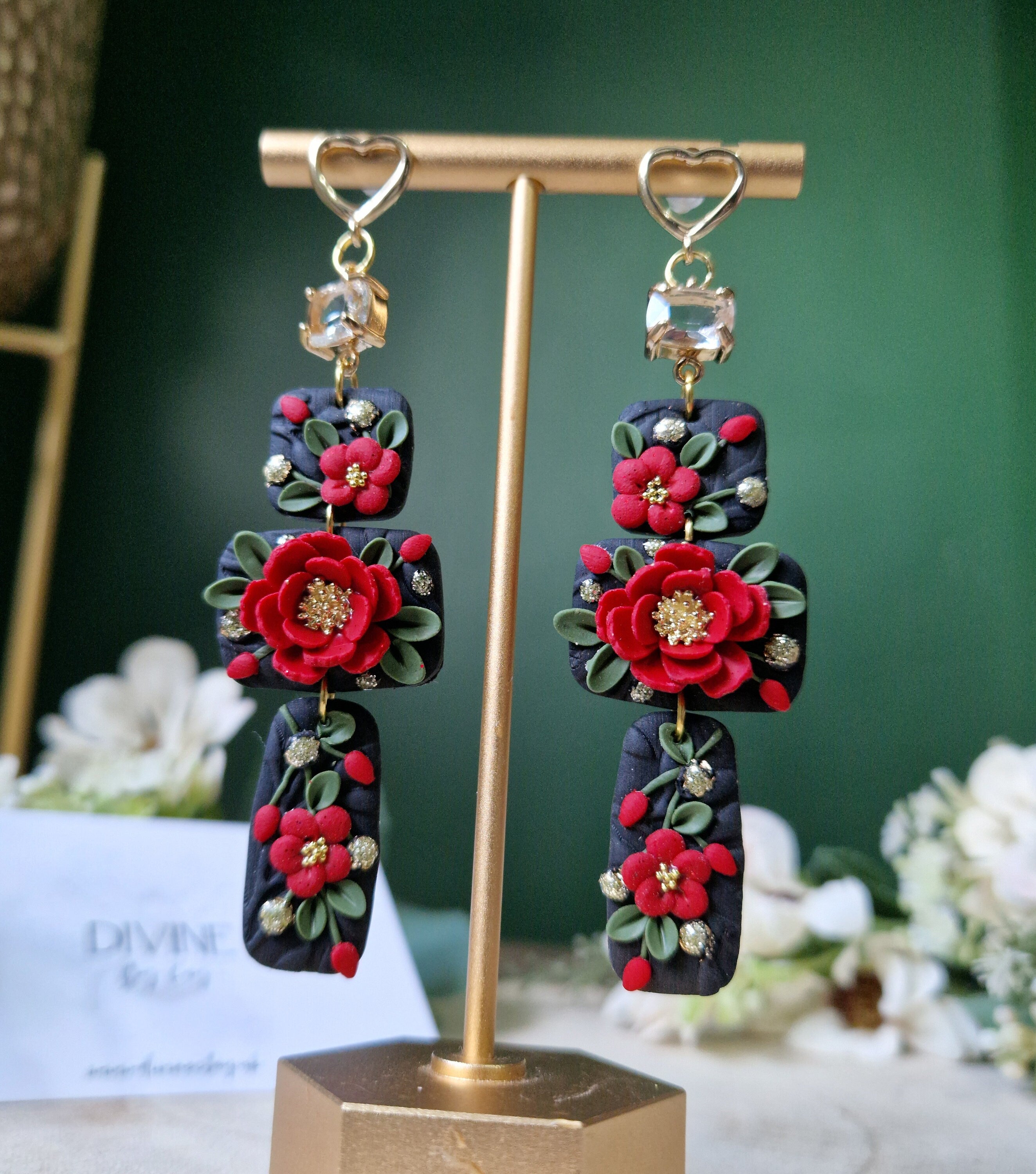 black & red floral  earrings, celestial jewellery, gifts for her