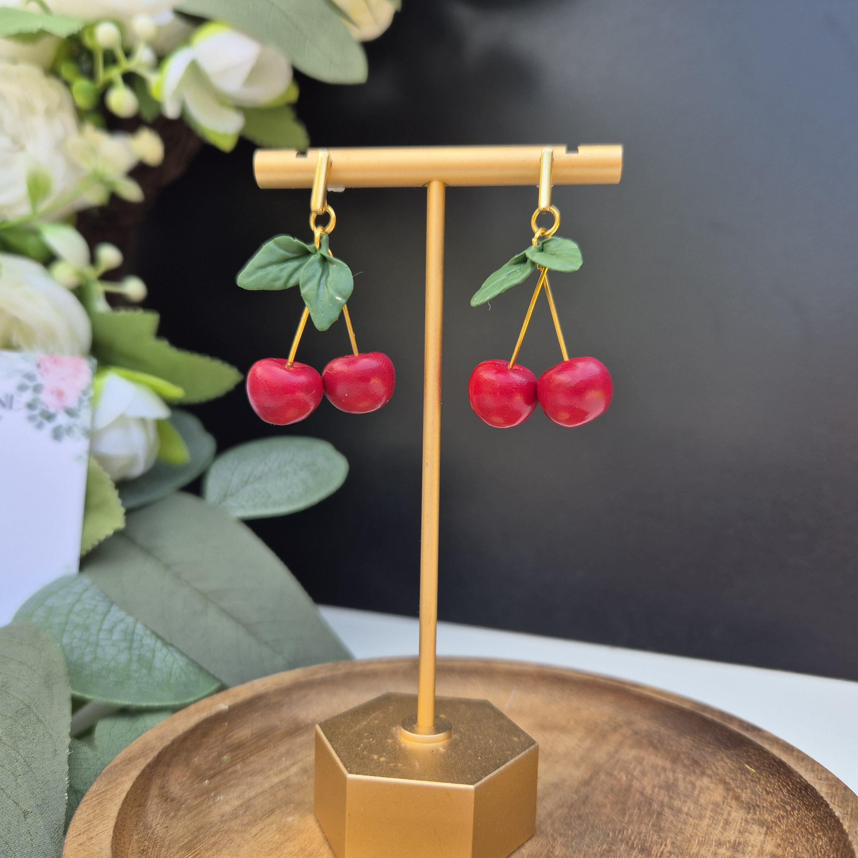 Cherry fruit  dangle earrings, minimalist earrings, festive earrings, secret santa gift, nature inspired gift, summer earrings for her