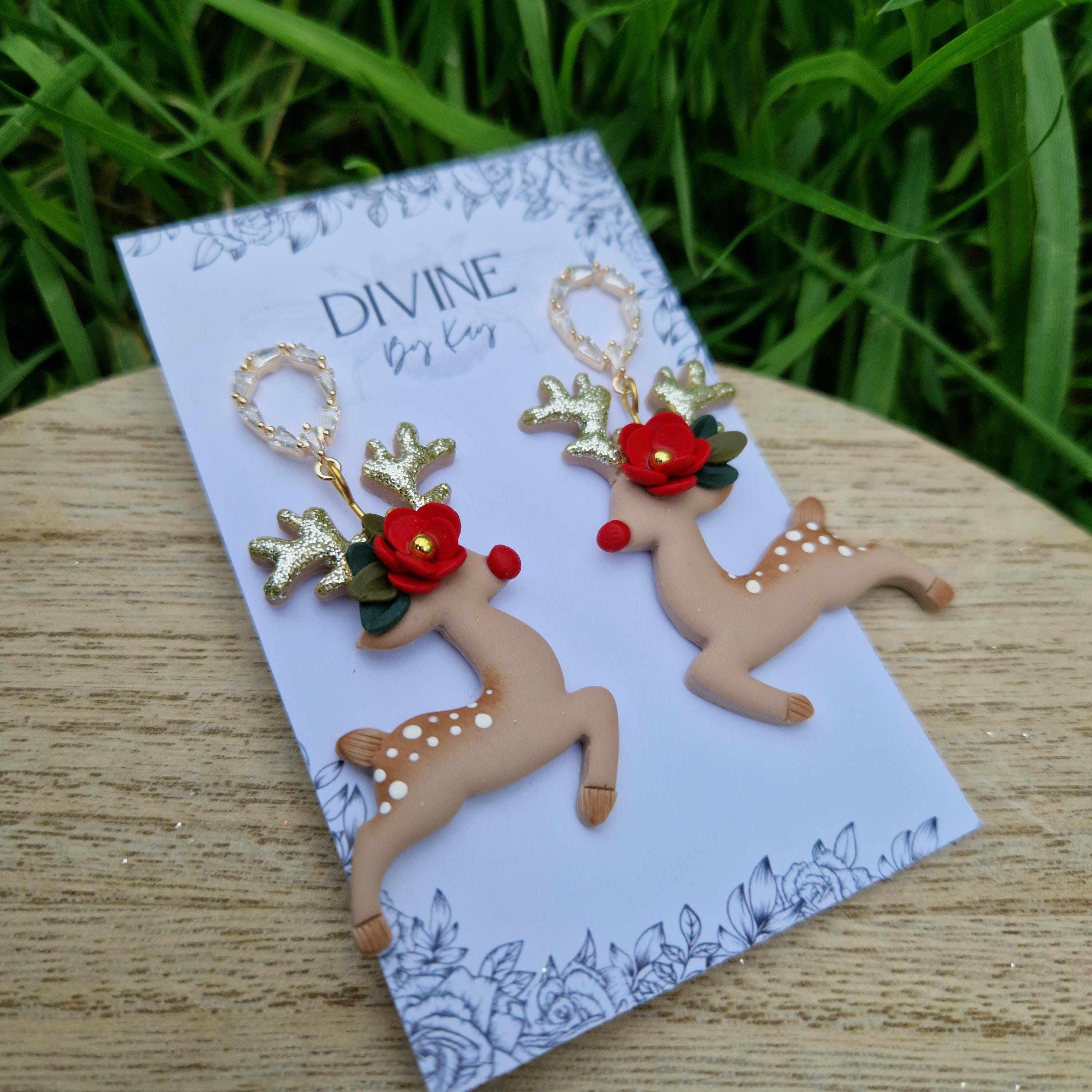 reindeer dangle earrings, Christmas earrings, polymer clay earrings, handmade jewellery,
