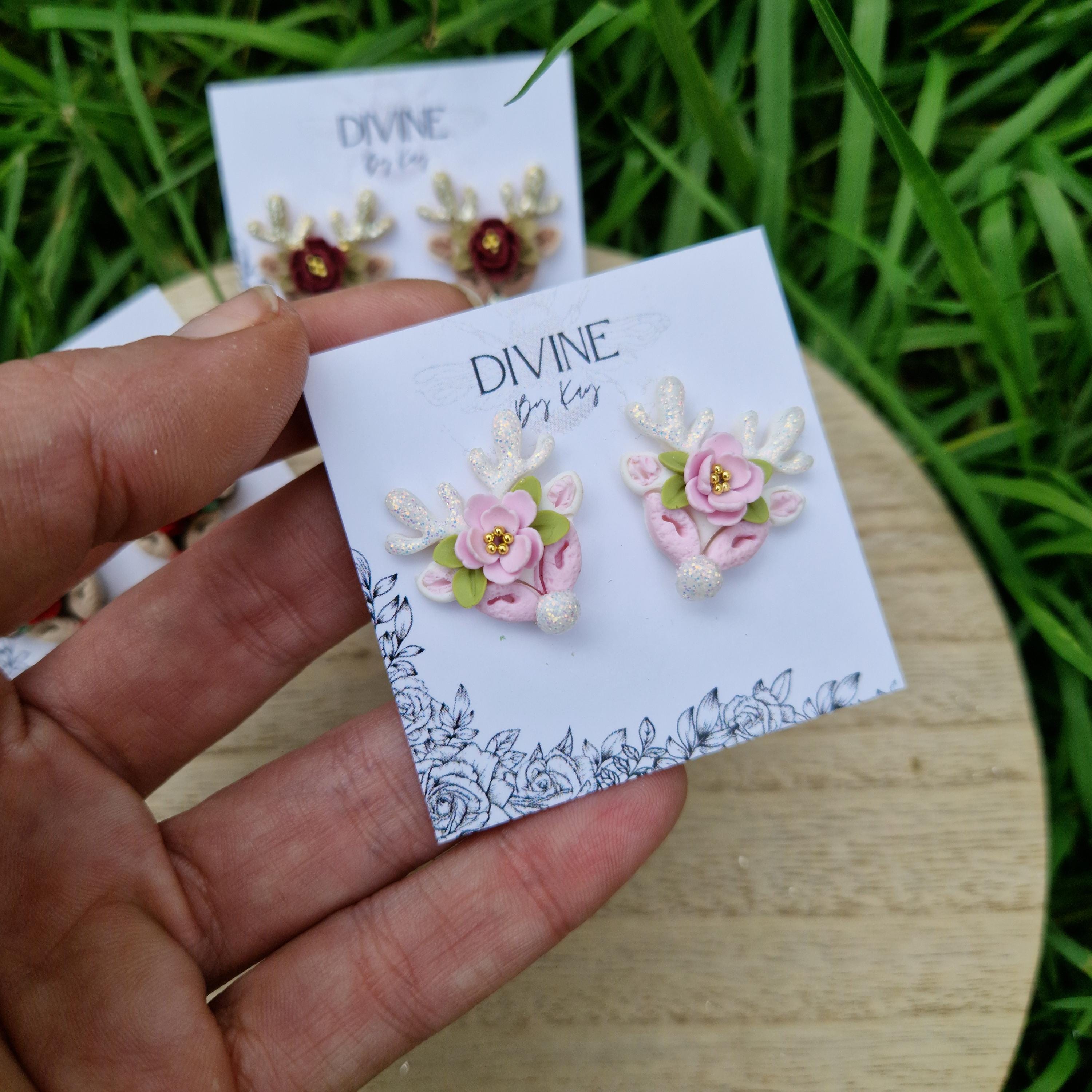 sterling silver reindeer earrings, dainty reindeer studs, polymer clay earrings, handmade jewellery,