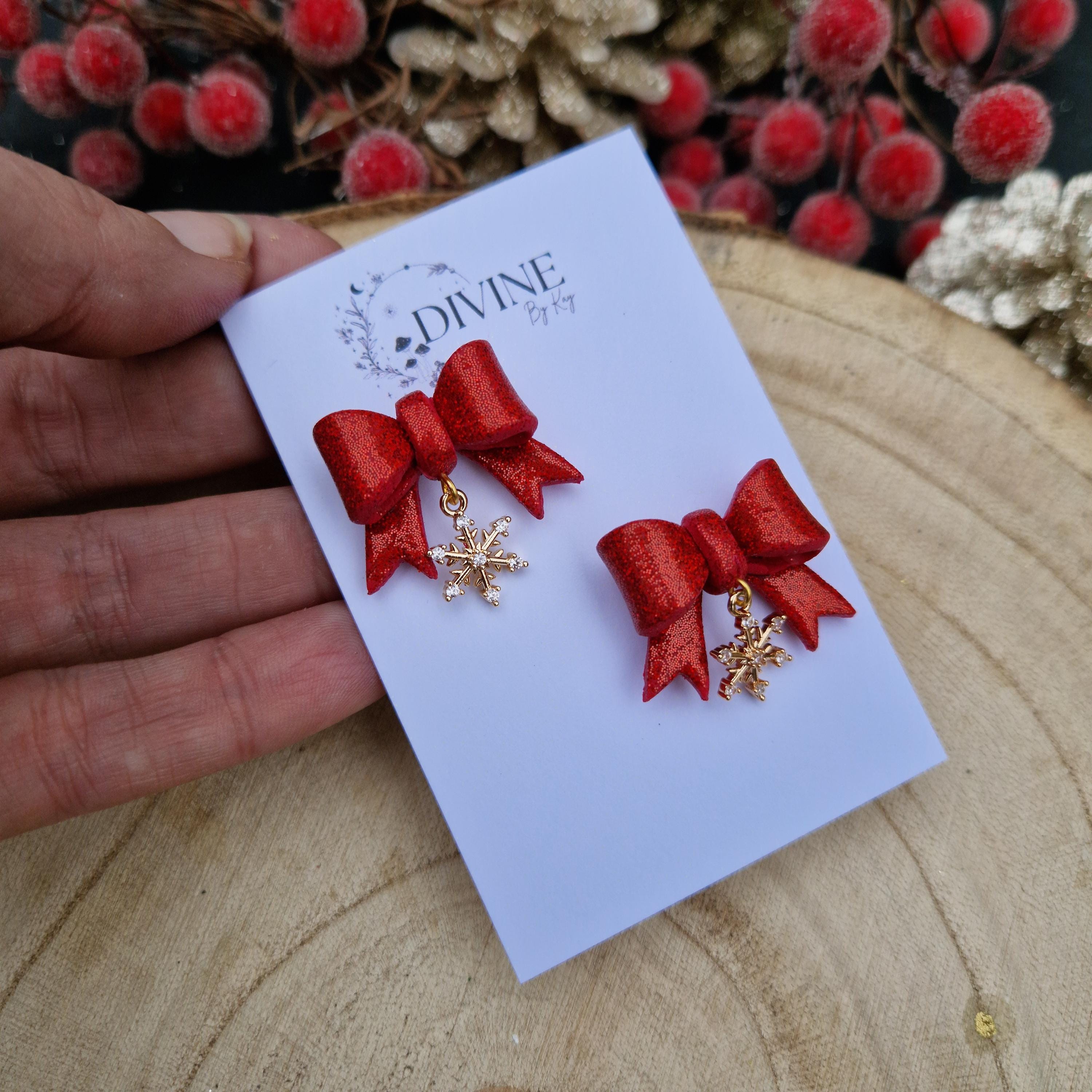 Christmas bow earrings, minimalist earrings, festive earrings, secret santa gift, dainty dangle studs