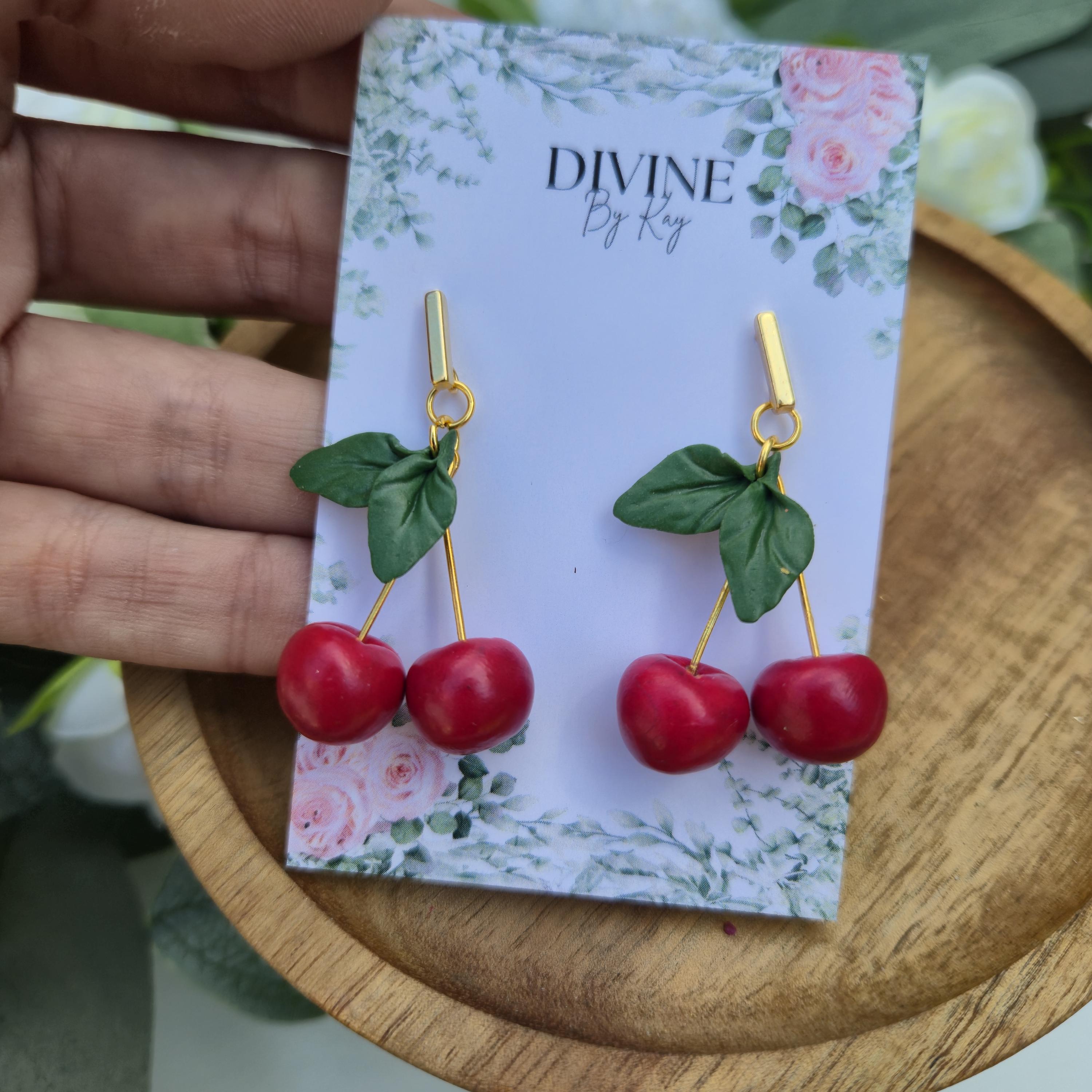 Cherry fruit  dangle earrings, minimalist earrings, festive earrings, secret santa gift, nature inspired gift, summer earrings for her