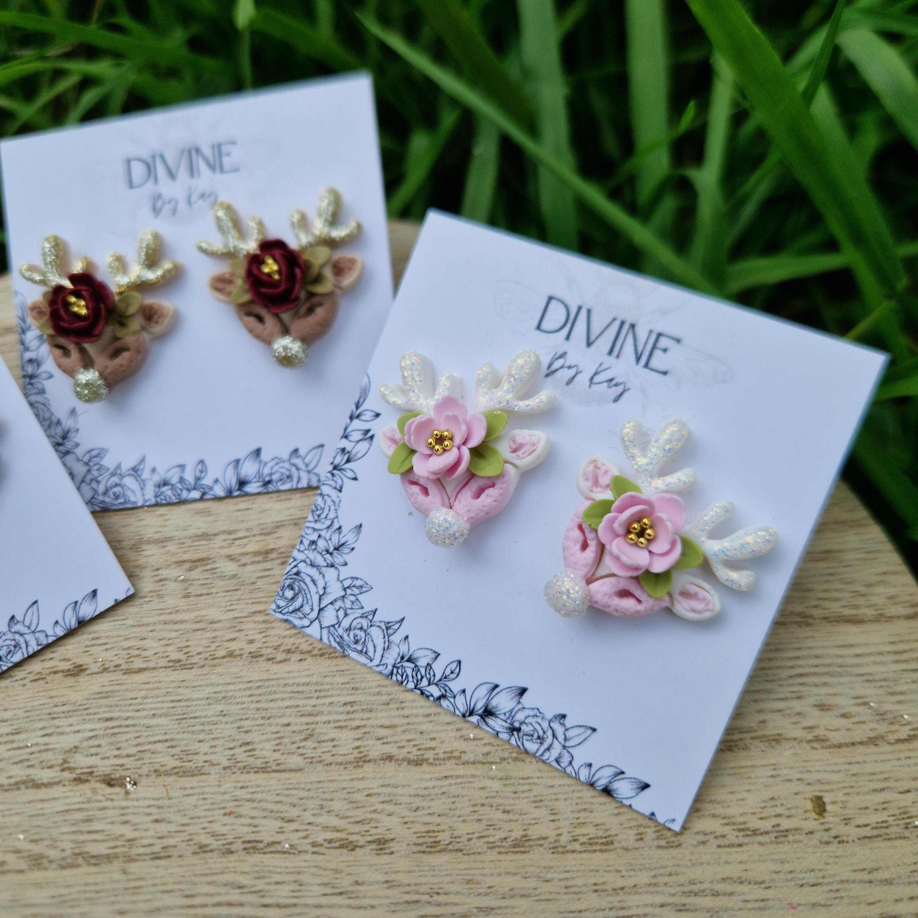 sterling silver reindeer earrings, dainty reindeer studs, polymer clay earrings, handmade jewellery,