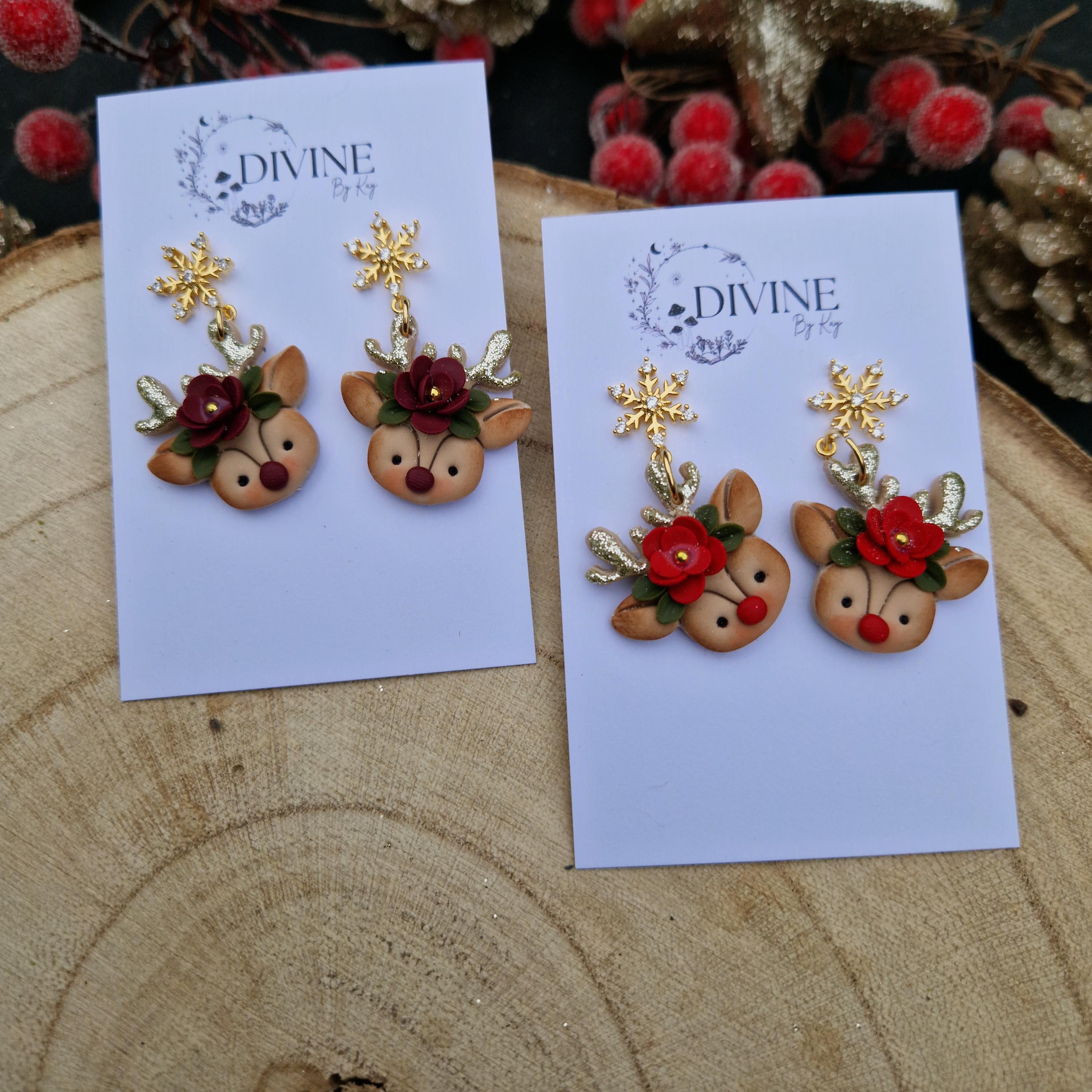 dainty reindeer dangle earrings, Christmas earrings, polymer clay earrings, handmade jewellery,