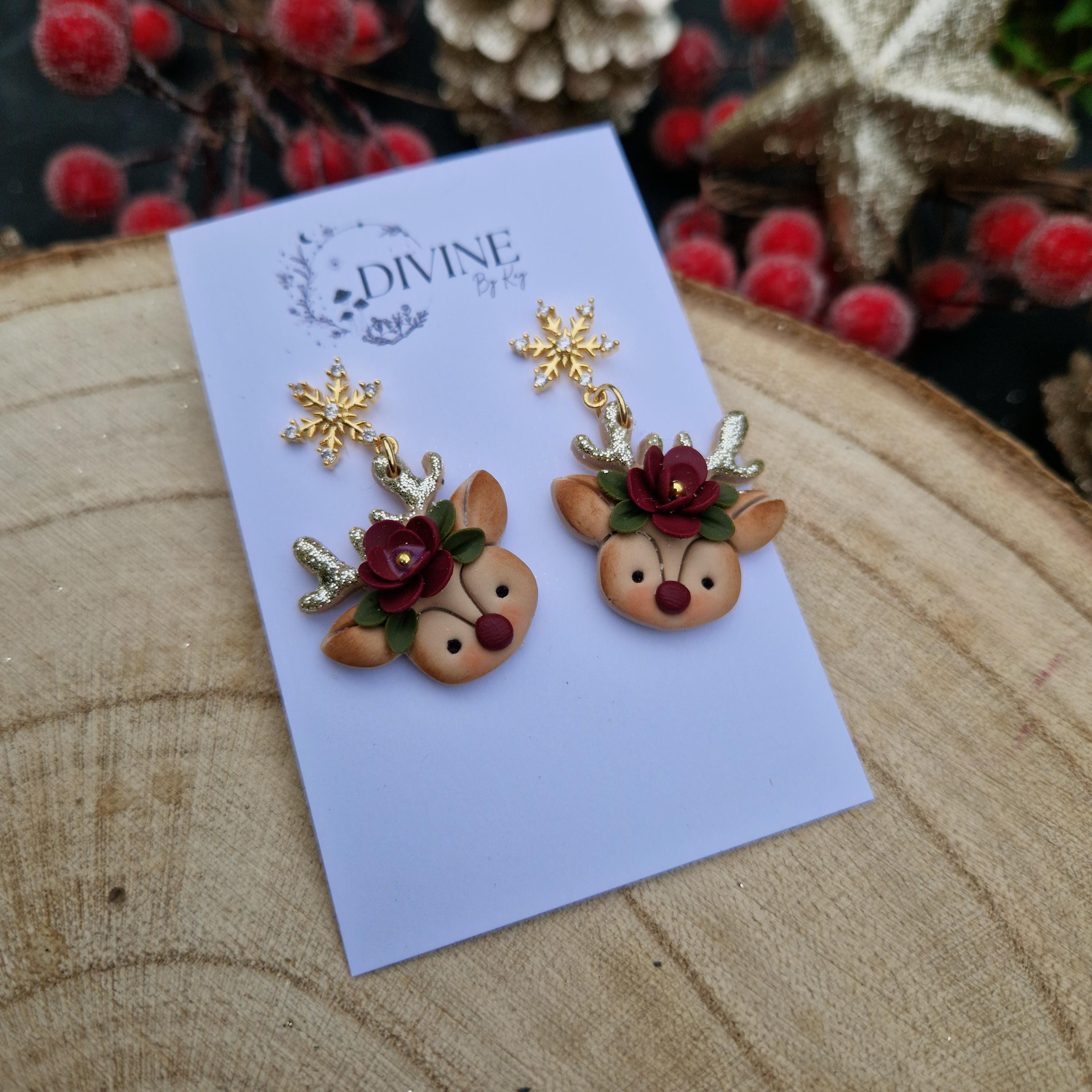 dainty reindeer dangle earrings, Christmas earrings, polymer clay earrings, handmade jewellery,