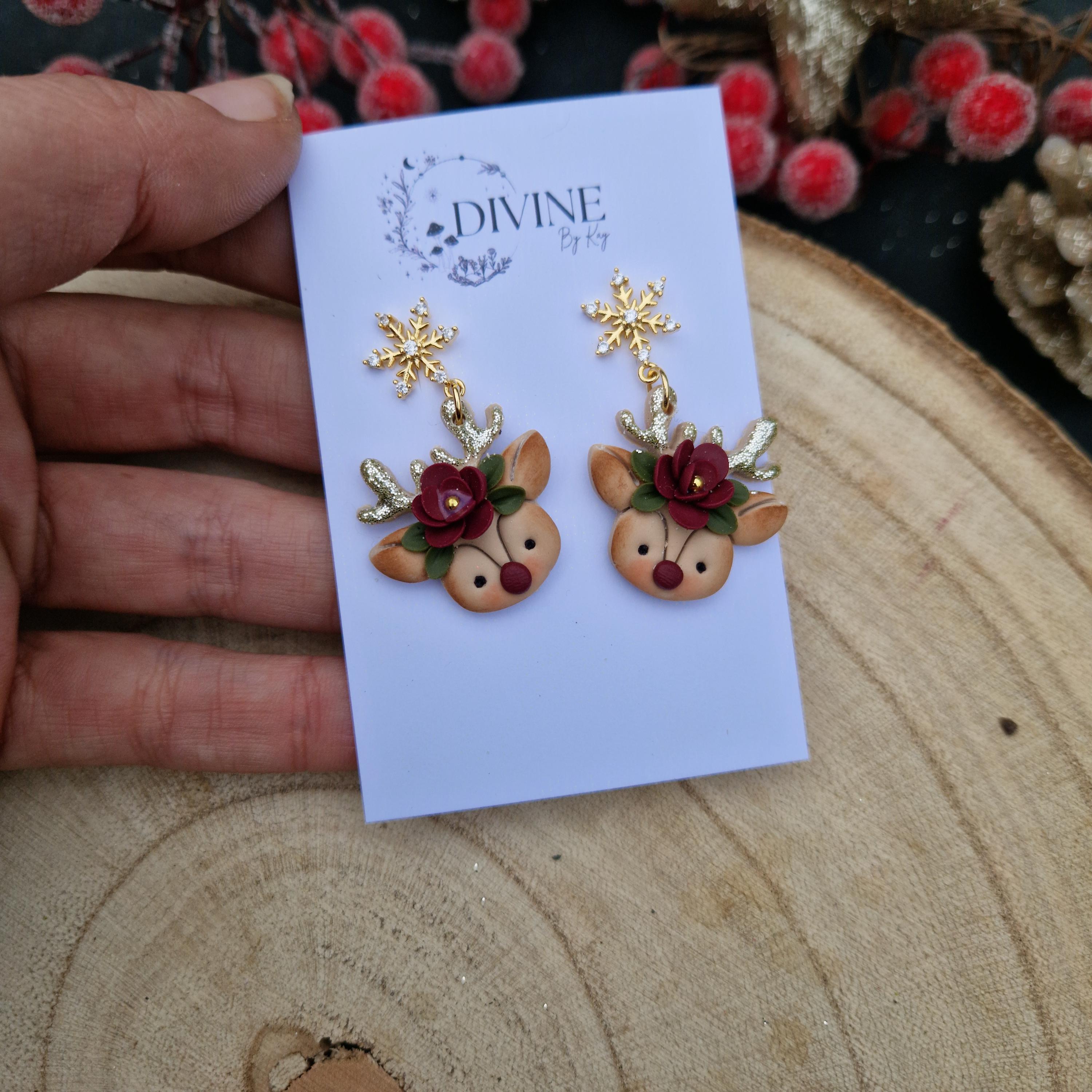 dainty reindeer dangle earrings, Christmas earrings, polymer clay earrings, handmade jewellery,