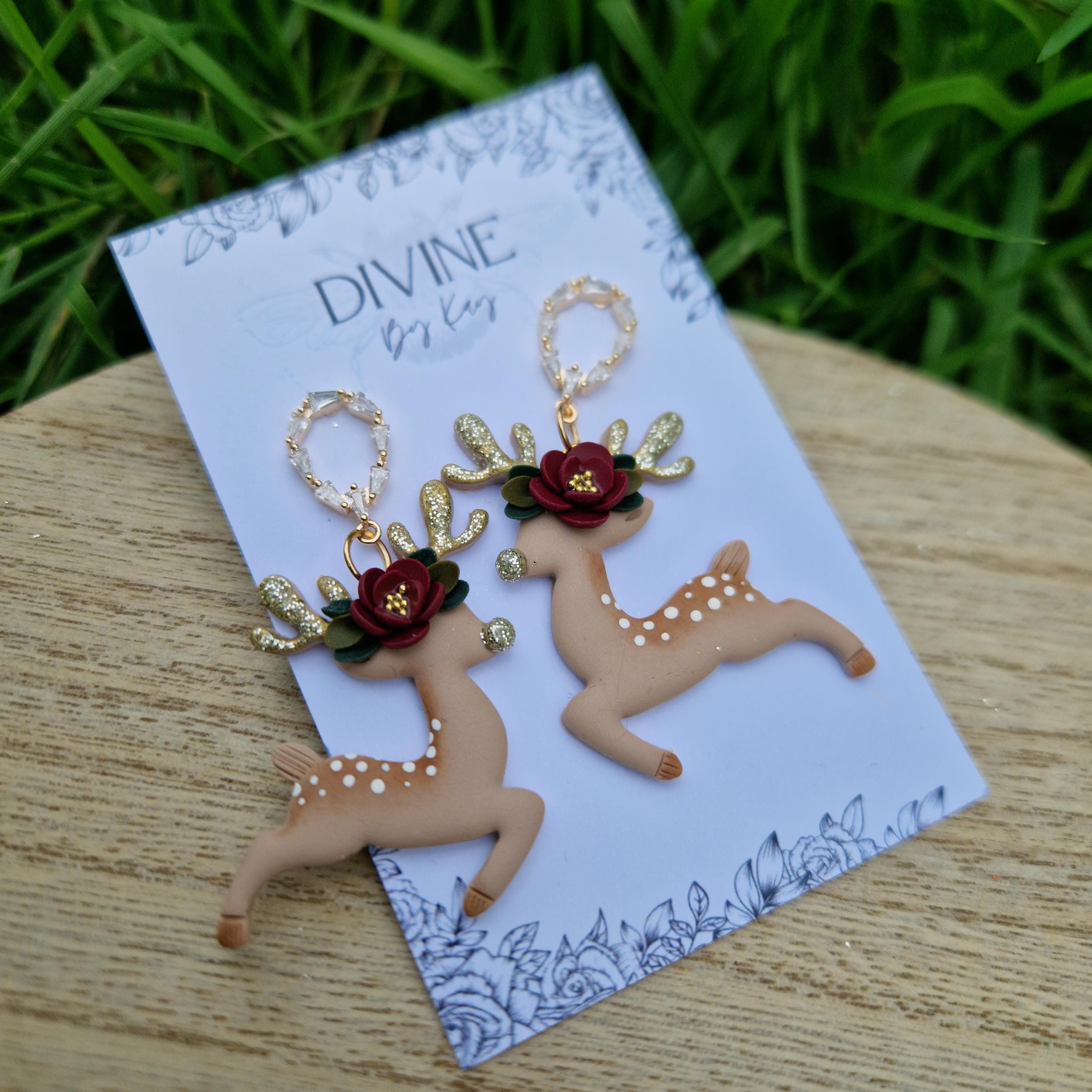 reindeer dangle earrings, Christmas earrings, polymer clay earrings, handmade jewellery,