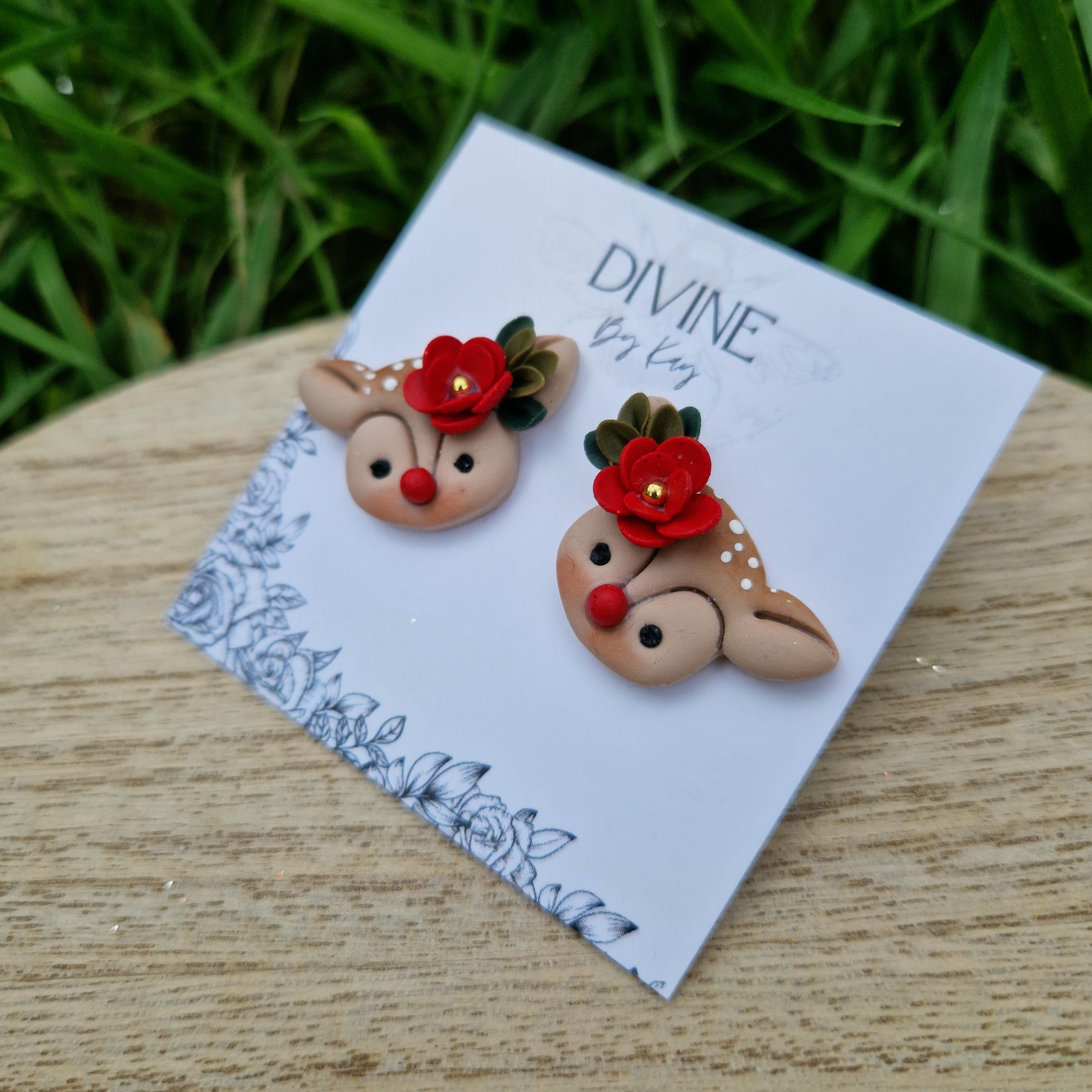 reindeer studs, dainty reindeer studs, polymer clay earrings, handmade jewellery,