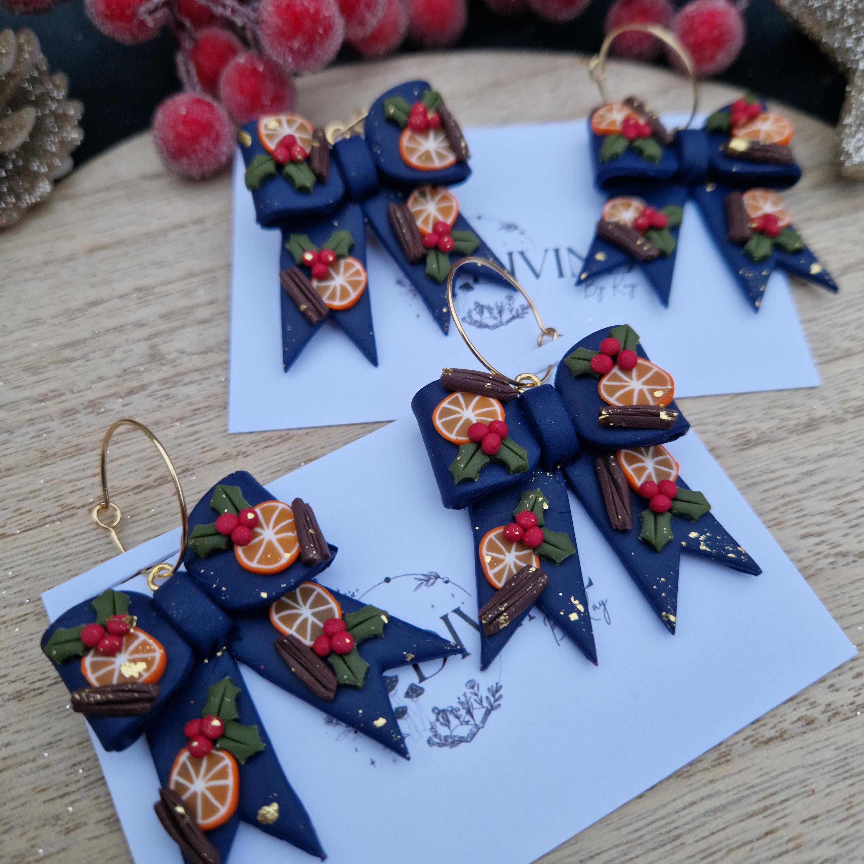 Christmas bow earrings, orange fruit earrings, minimalist earrings, festive earrings, secret santa gift, dainty dangles