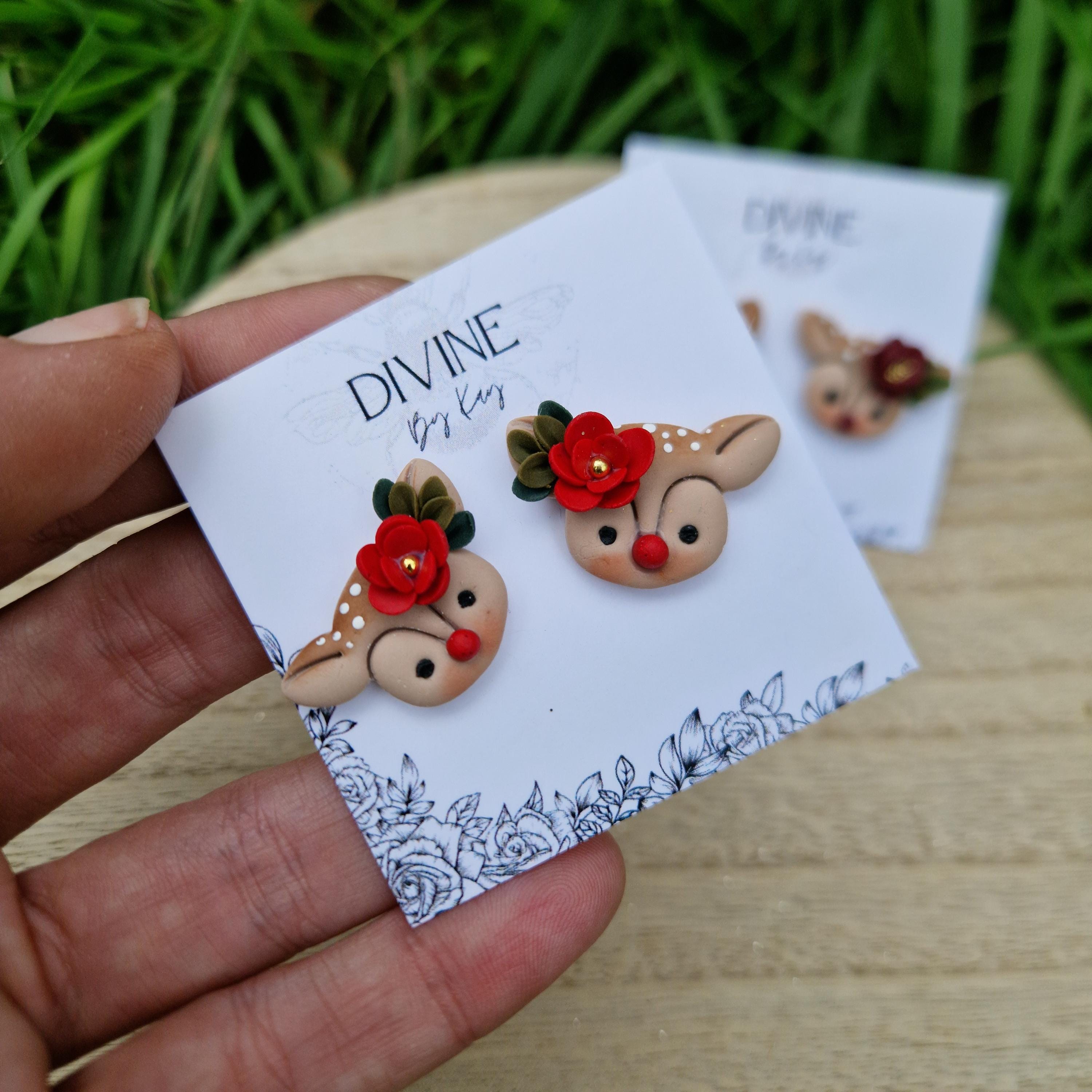 reindeer studs, dainty reindeer studs, polymer clay earrings, handmade jewellery,