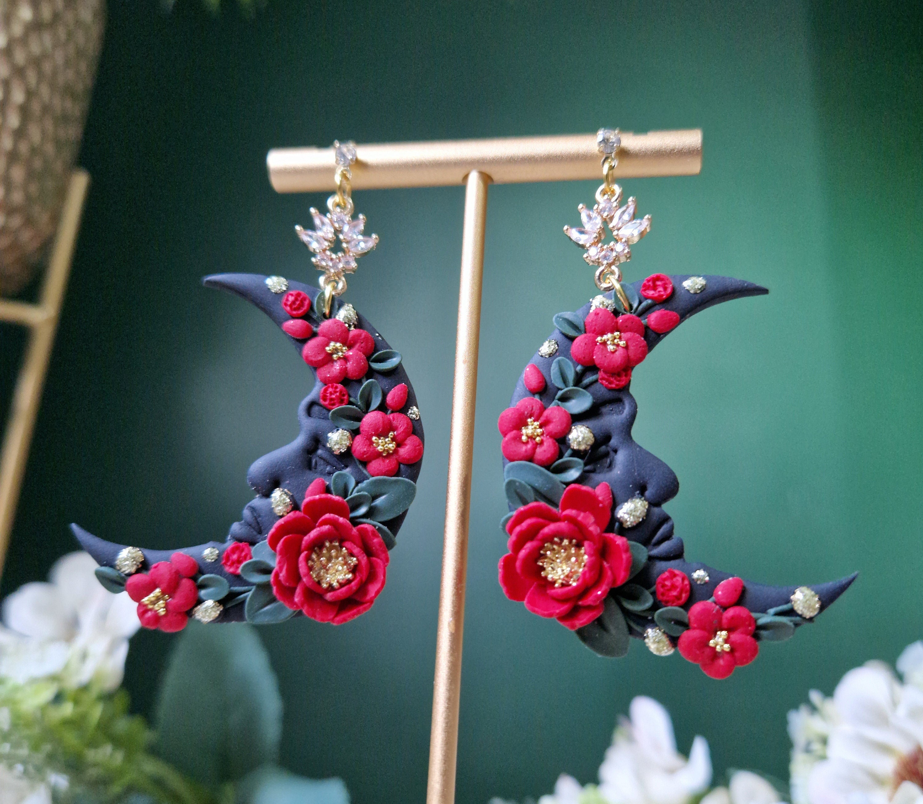 black & red floral moon earrings, celestial jewellery, gifts for her