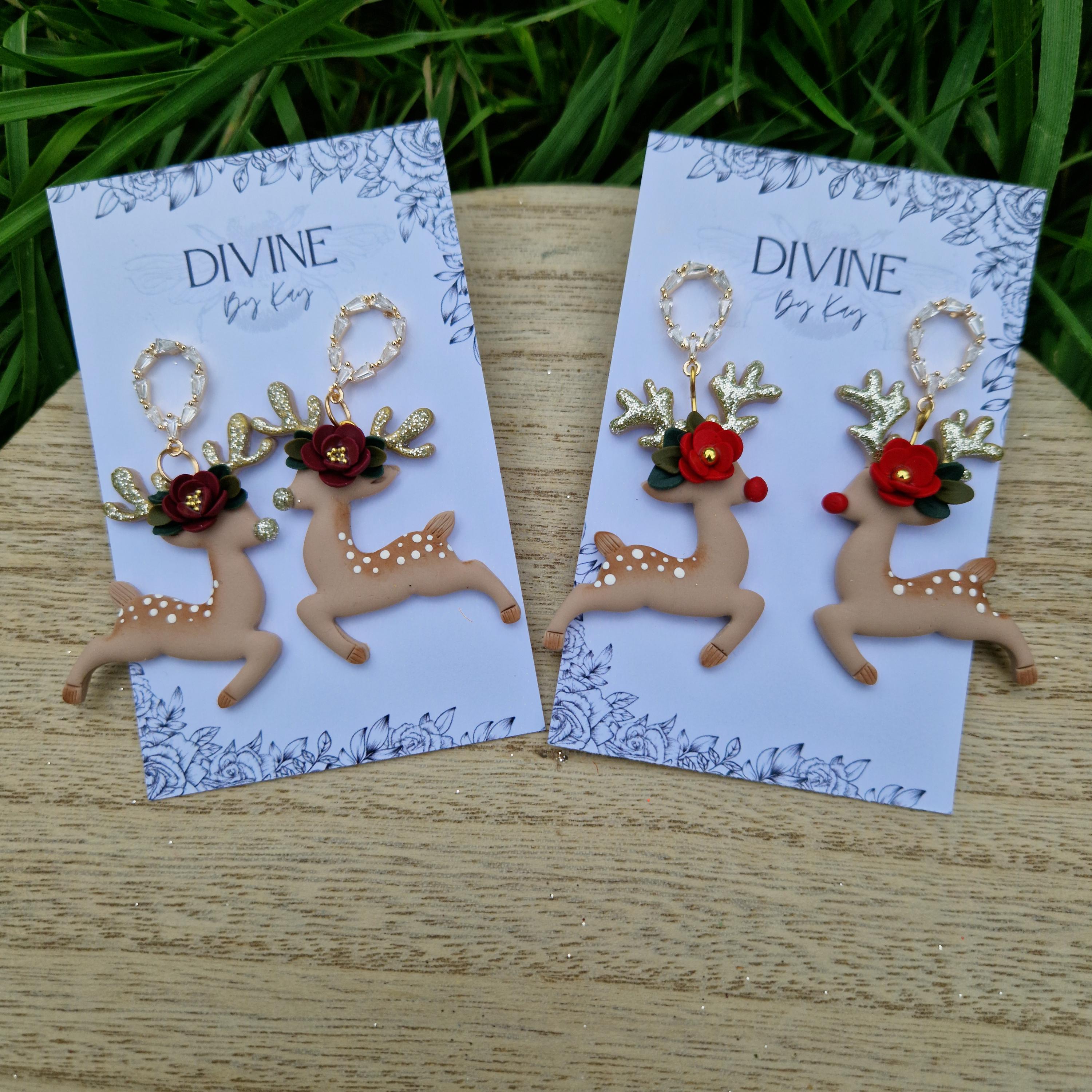 reindeer dangle earrings, Christmas earrings, polymer clay earrings, handmade jewellery,