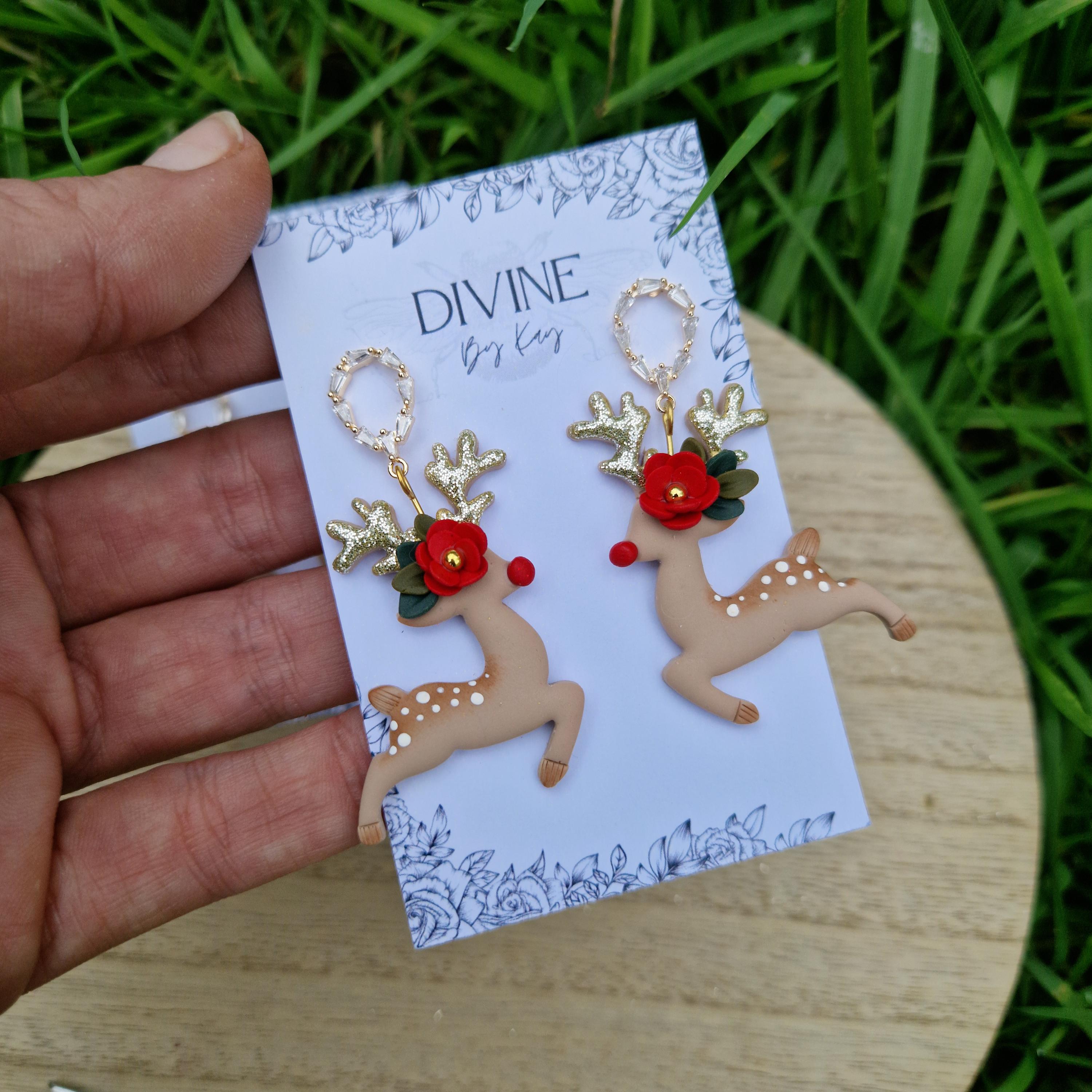 reindeer dangle earrings, Christmas earrings, polymer clay earrings, handmade jewellery,