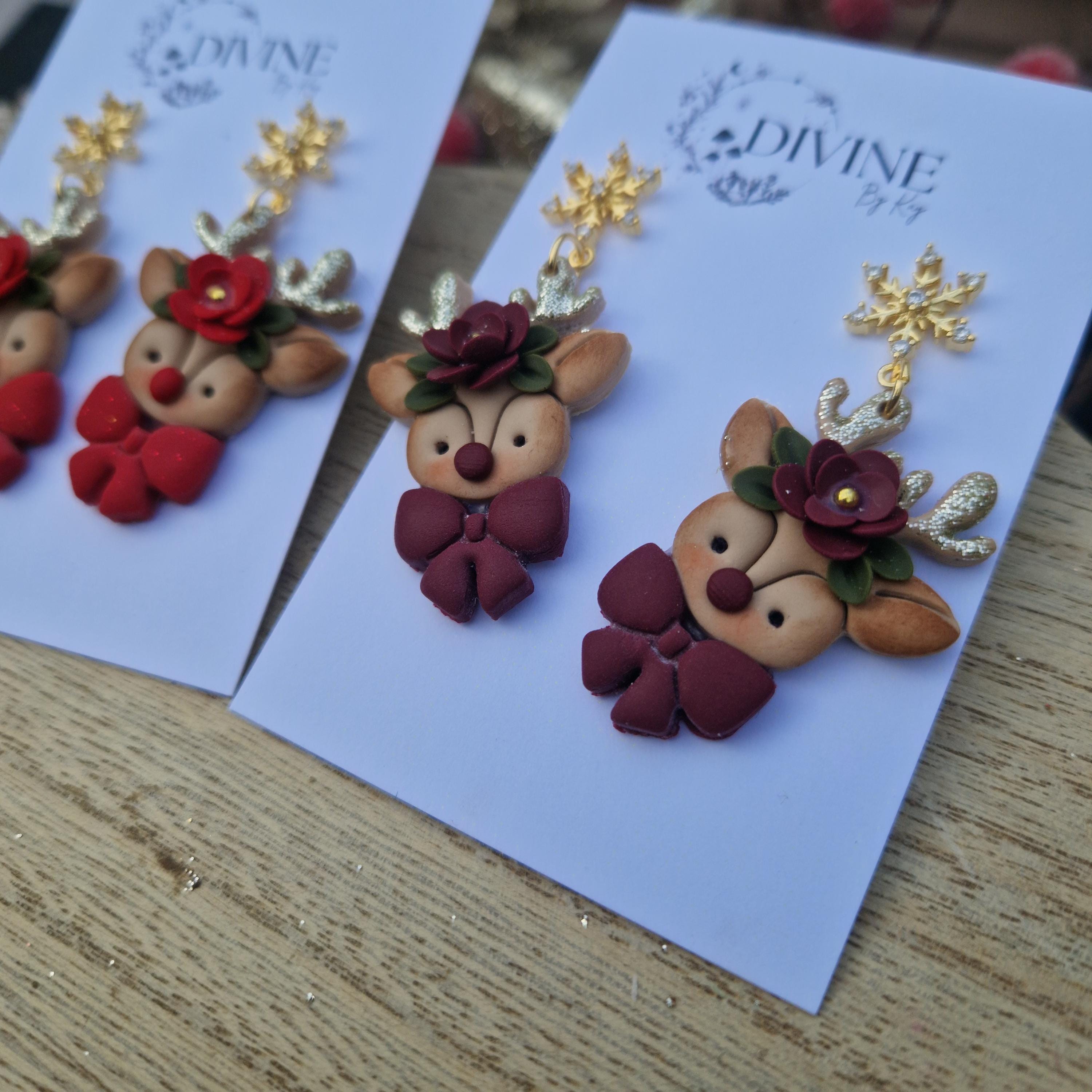 reindeer bow dangle earrings, Christmas earrings, polymer clay earrings, handmade jewellery,