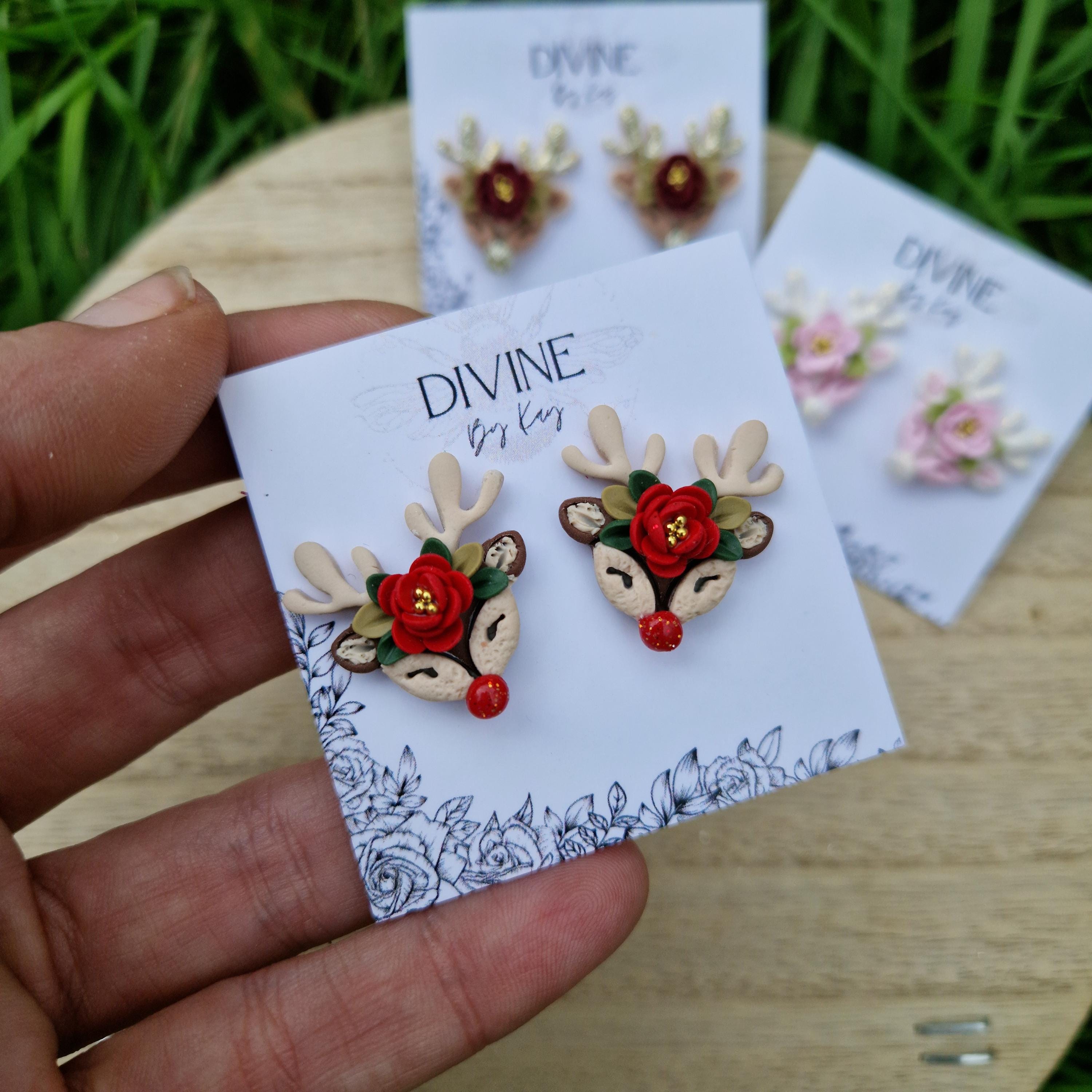 sterling silver reindeer earrings, dainty reindeer studs, polymer clay earrings, handmade jewellery,