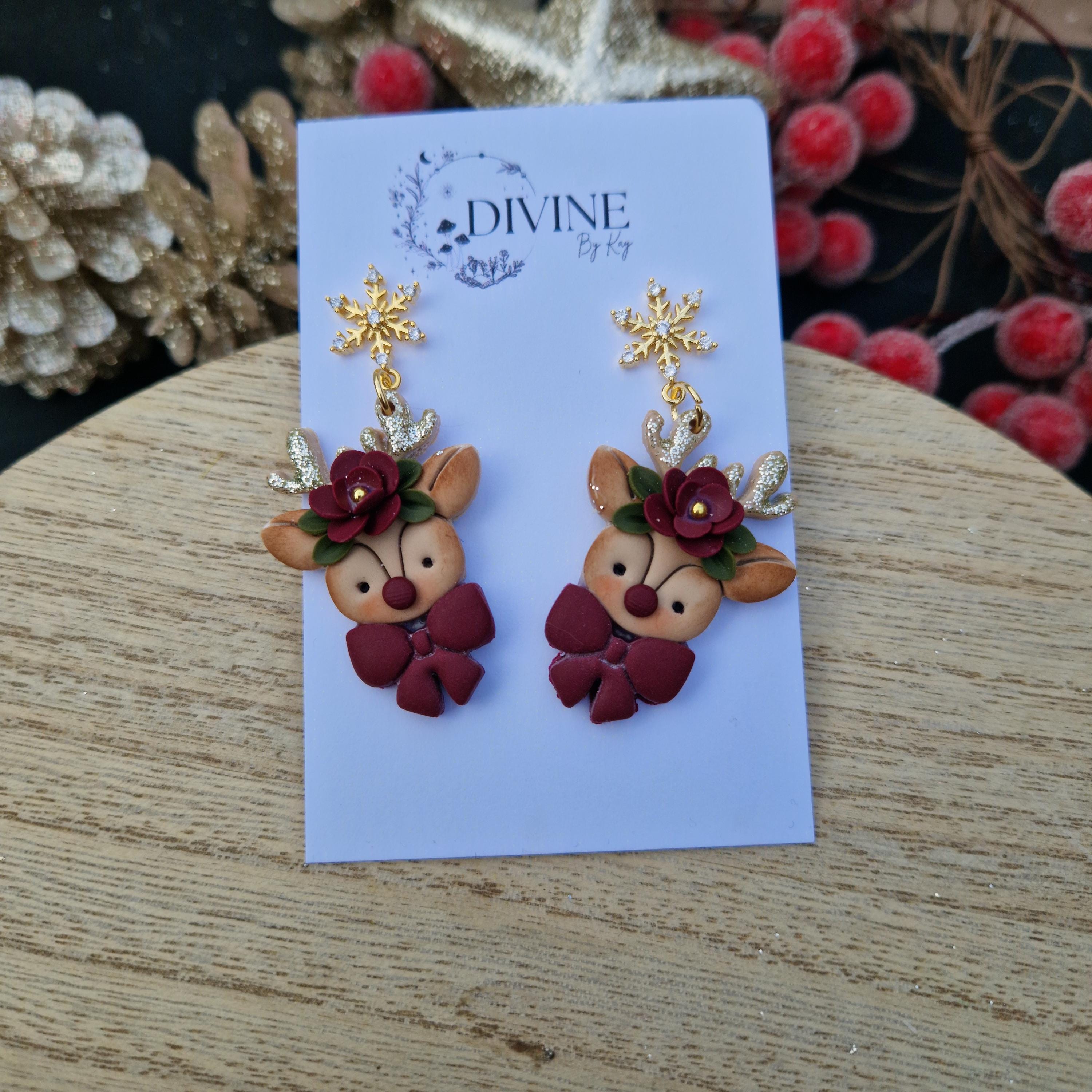 reindeer bow dangle earrings, Christmas earrings, polymer clay earrings, handmade jewellery,