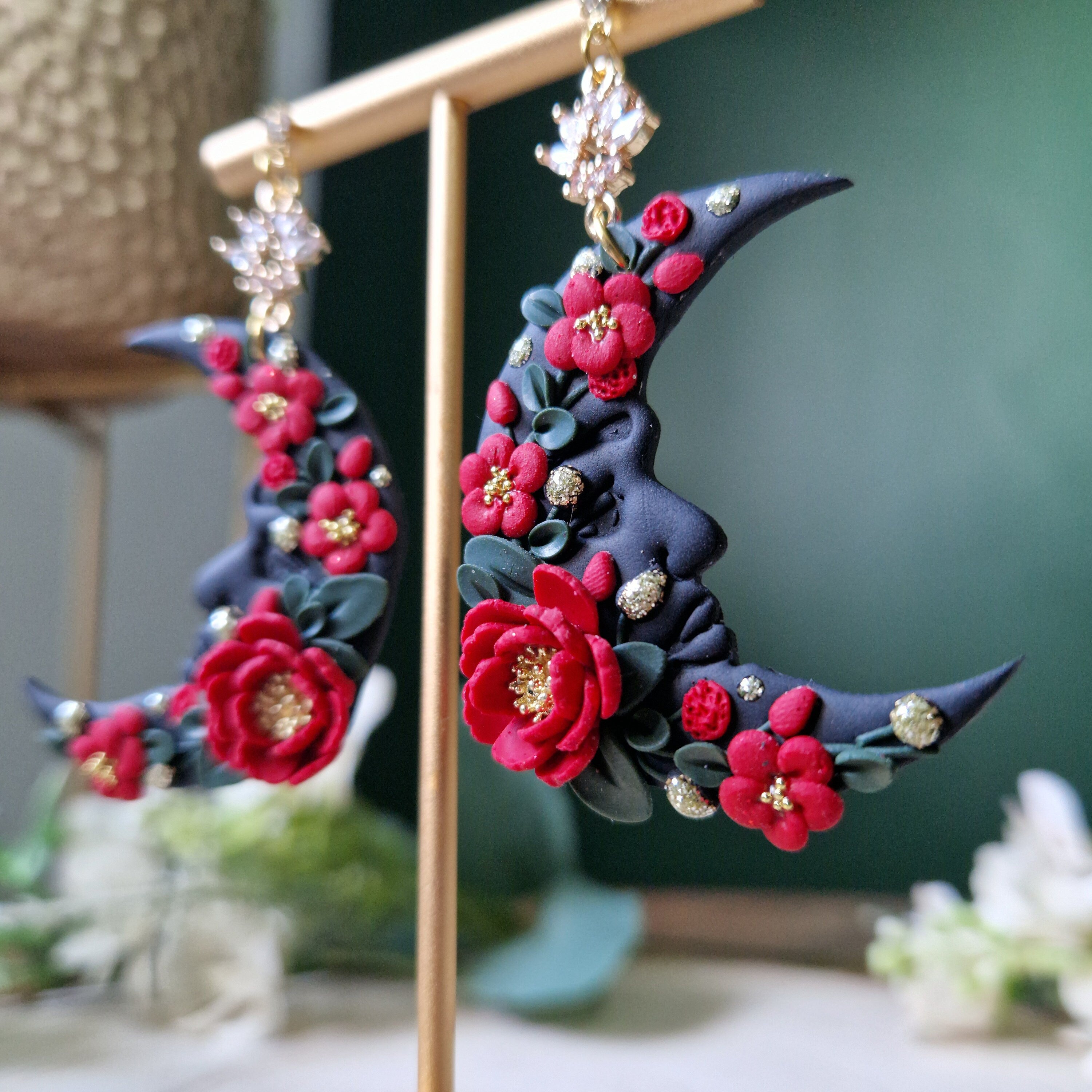 black & red floral moon earrings, celestial jewellery, gifts for her