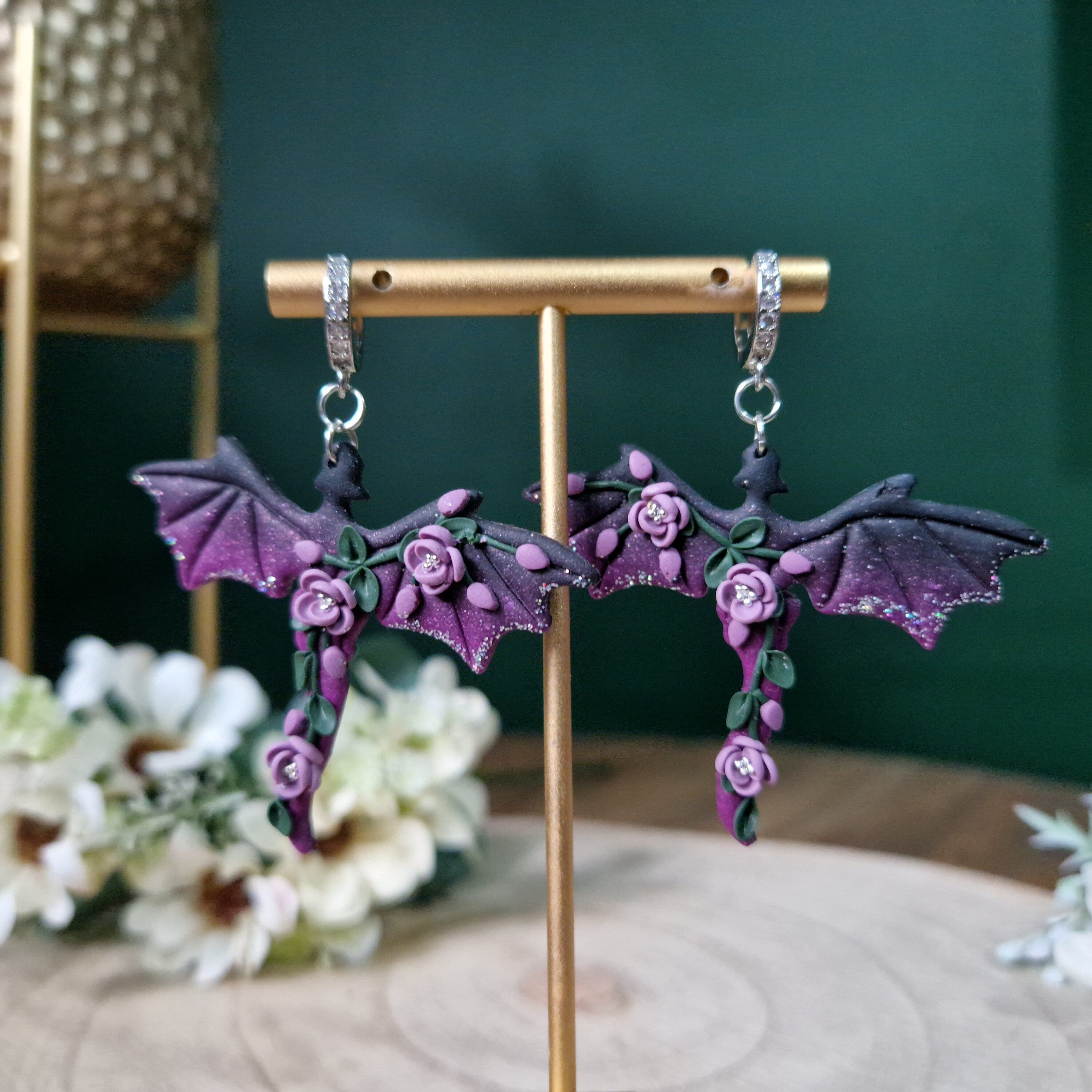 purple ombre dragon earrings - gothic jewellery - gift ideas for her - elegant clay earrings