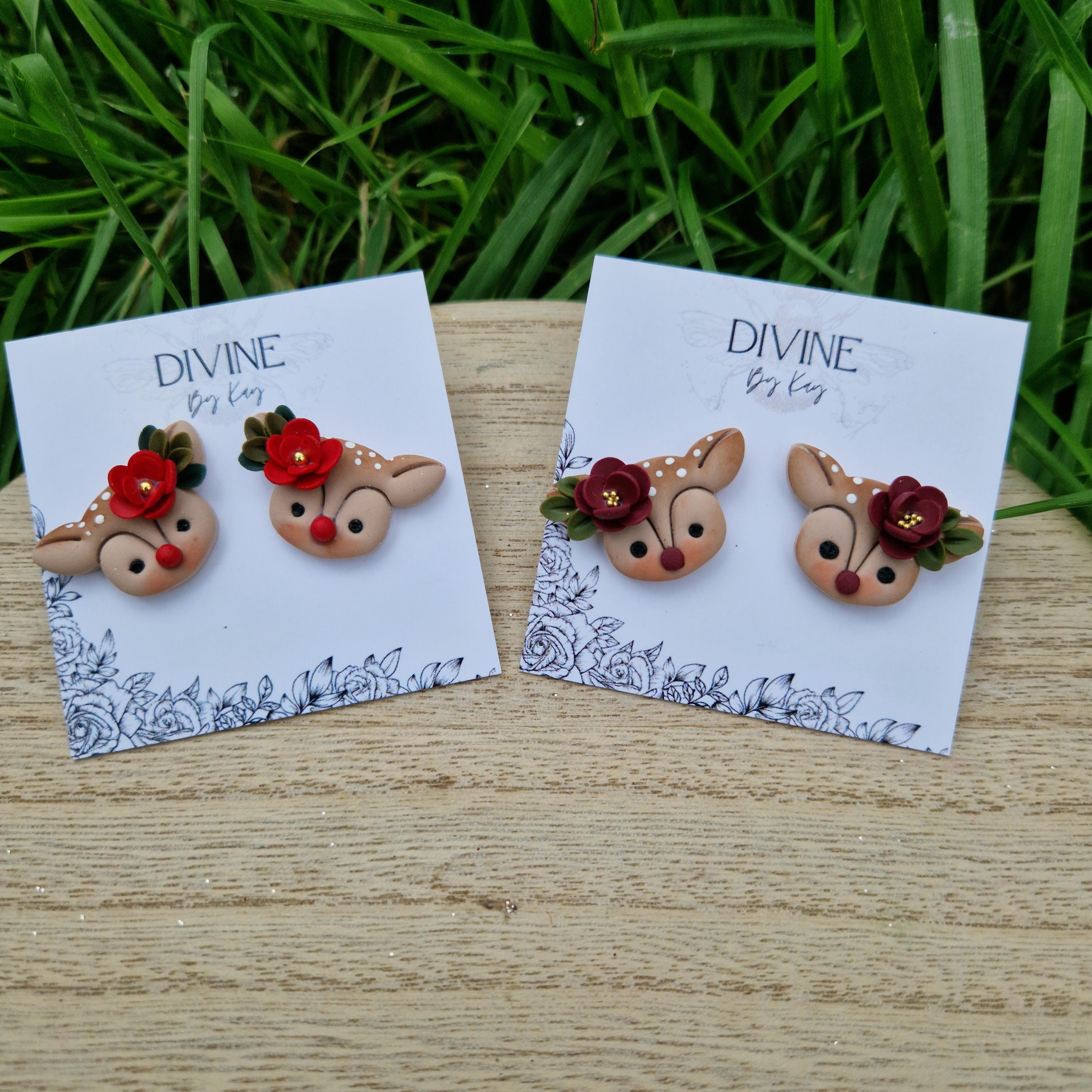 reindeer studs, dainty reindeer studs, polymer clay earrings, handmade jewellery,