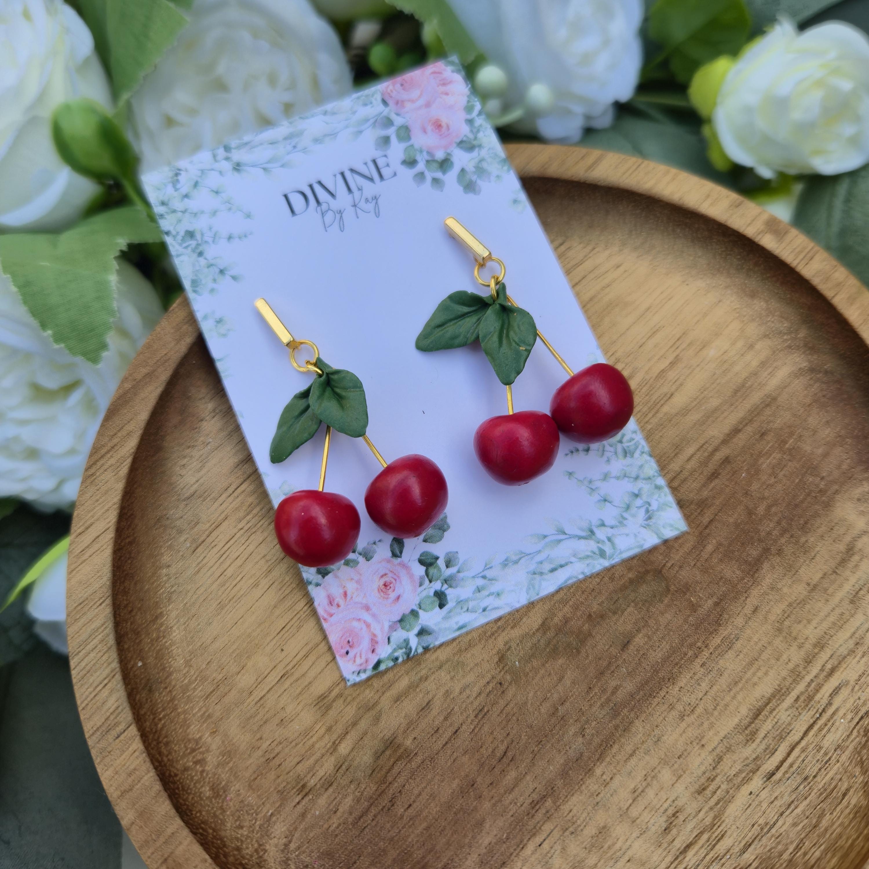 Cherry fruit  dangle earrings, minimalist earrings, festive earrings, secret santa gift, nature inspired gift, summer earrings for her