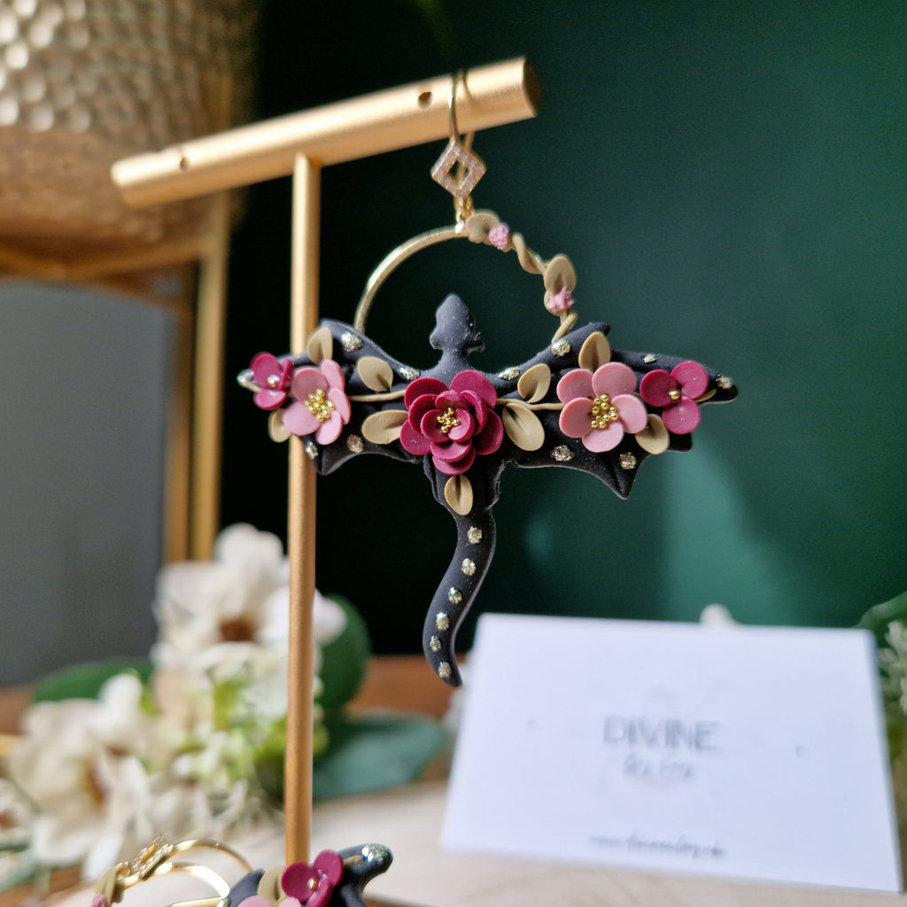 floral dragon earrings - gothic jewellery - gift ideas for her - elegant clay earrings