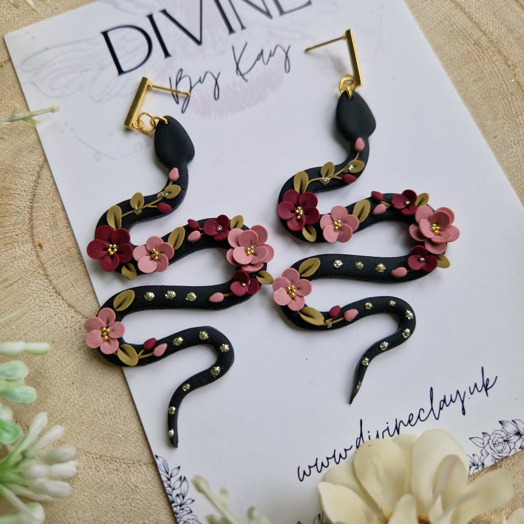 pink floral snake earrings - flower earrings - handmade clay earrings - gifts for her - birthday gift - mothers day - best friend gift
