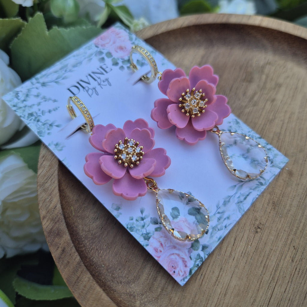elegant pink dangle earrings - clay earrings  - gifts for her - flower earrings