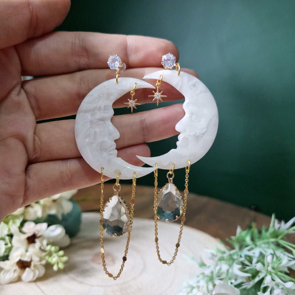 celestial opal moon earrings, statement earrings , gifts for her , birthday gift idea, crescent moon jewellery, christmas day gift