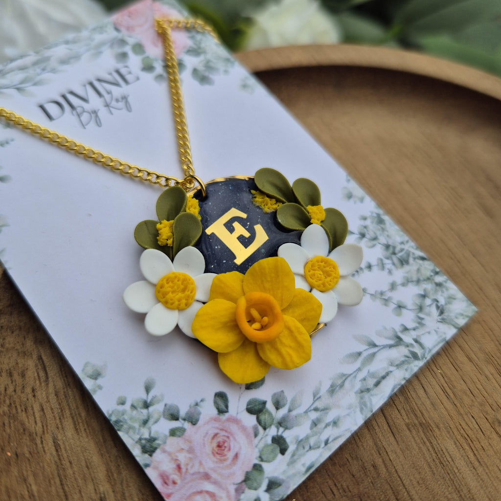 Spring flower initial pendant, mushroom necklace, birthday gifts for her, anniversary gift, nature lover gifts