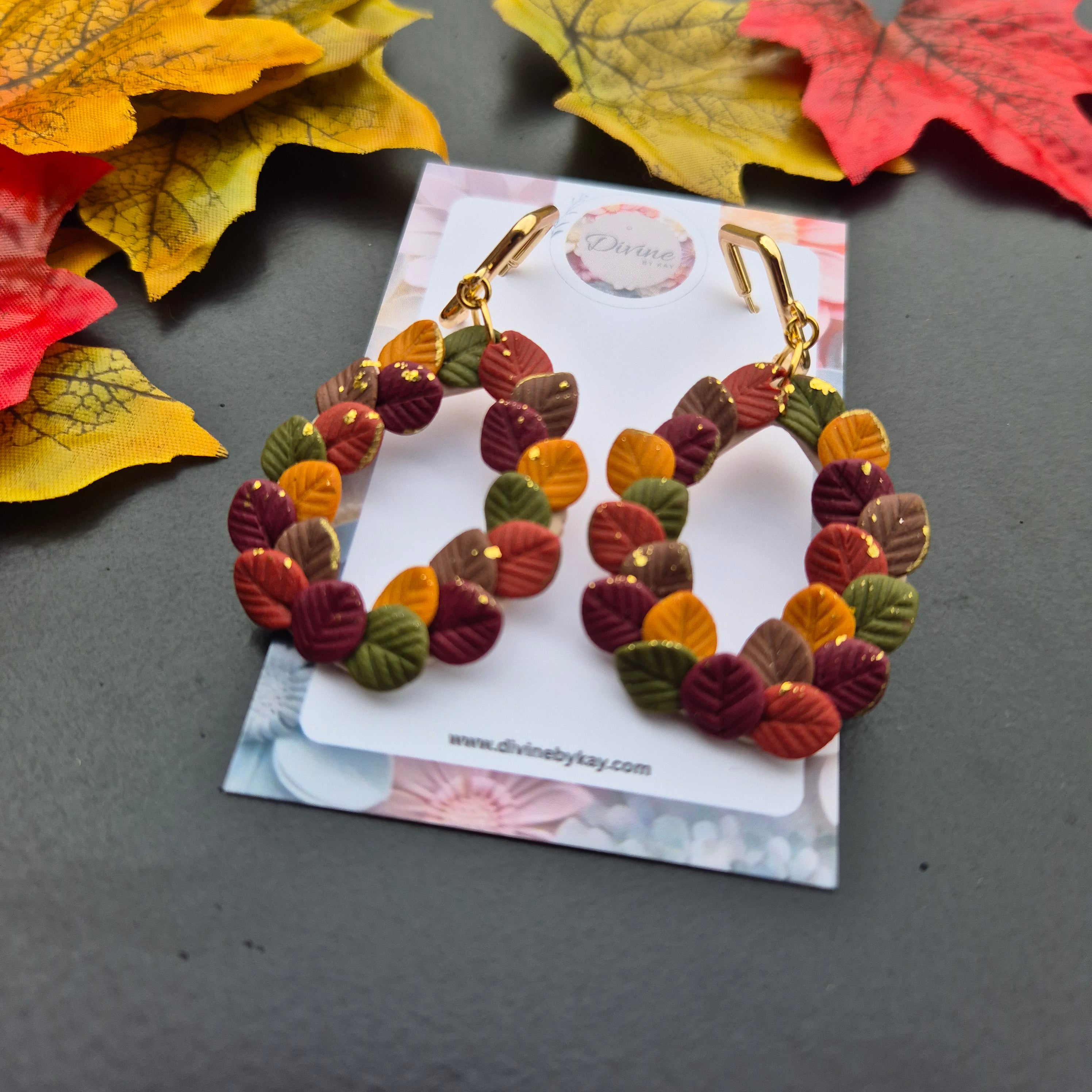 clay autumn leaf wreath earrings