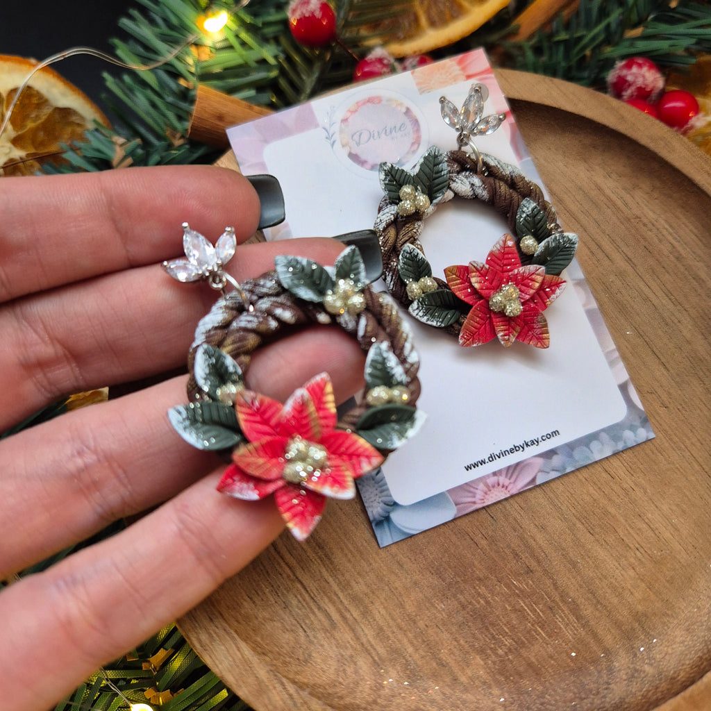 Poinsettia Christmas Wreath Earrings