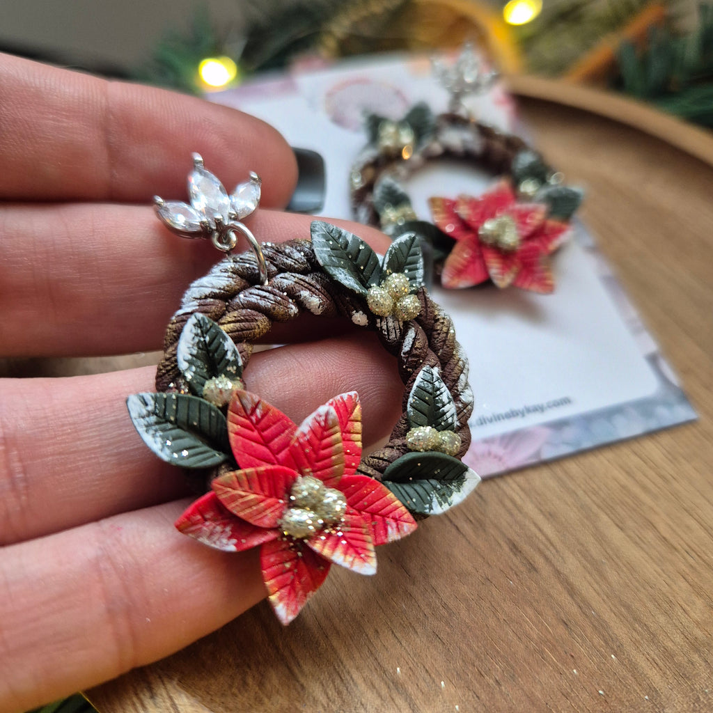 Poinsettia Christmas Wreath Earrings