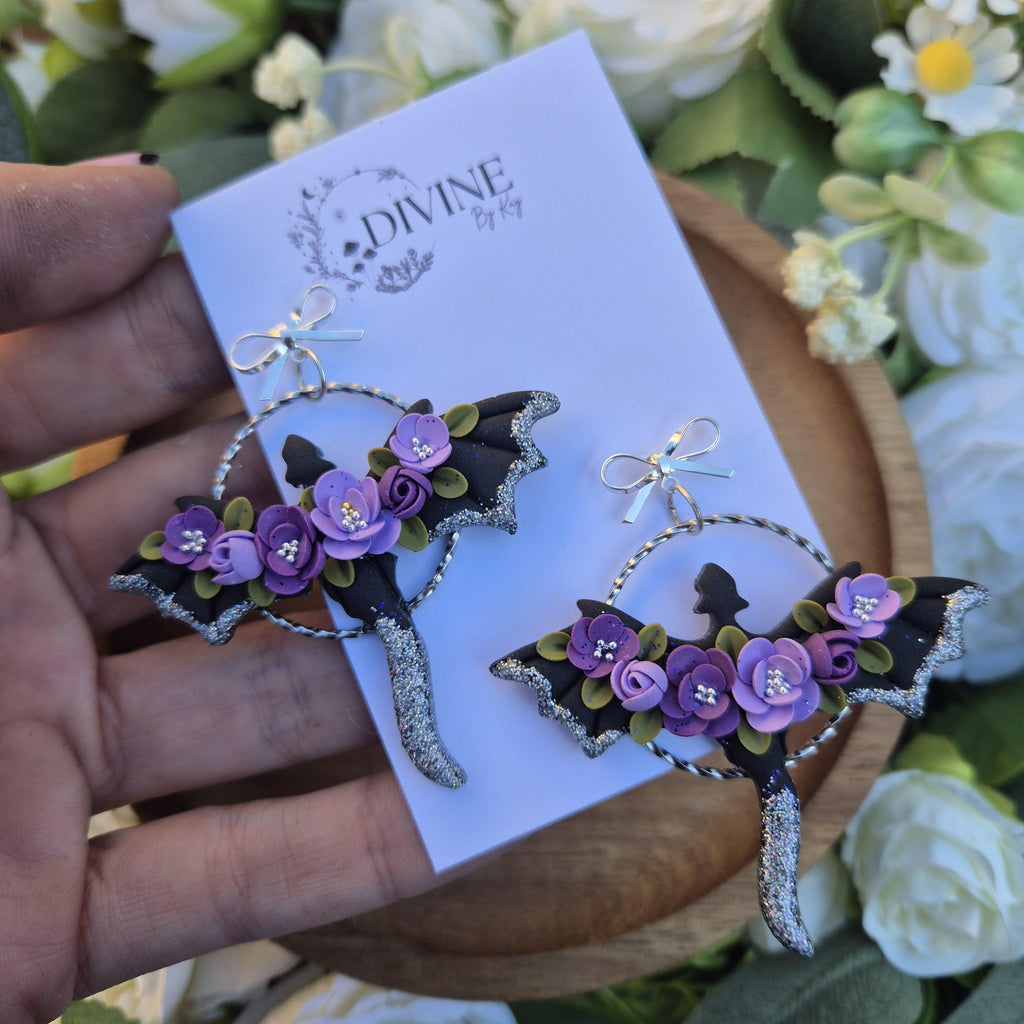 purple silver dragon earrings - gothic jewellery - gift ideas for her - elegant clay earrings