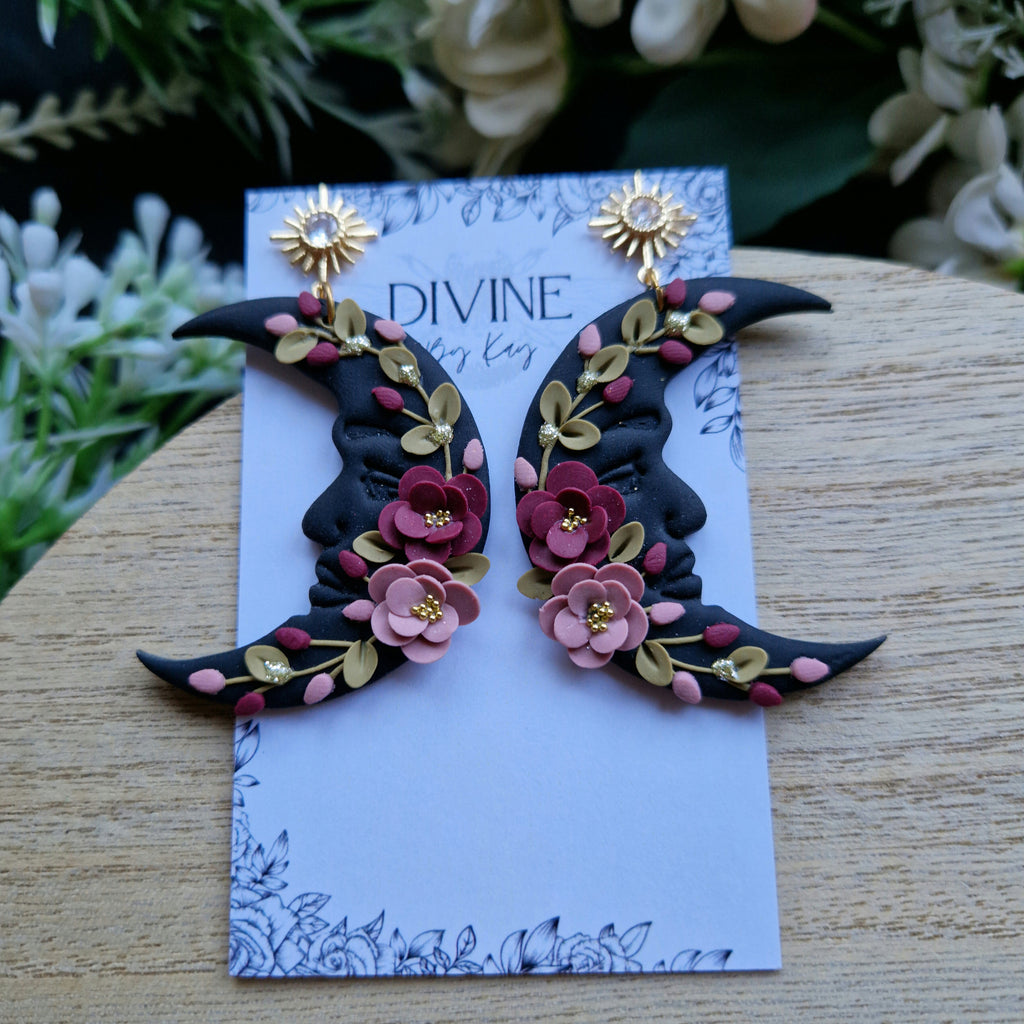 pink floral moon earrings, celestial jewellery, gifts for her