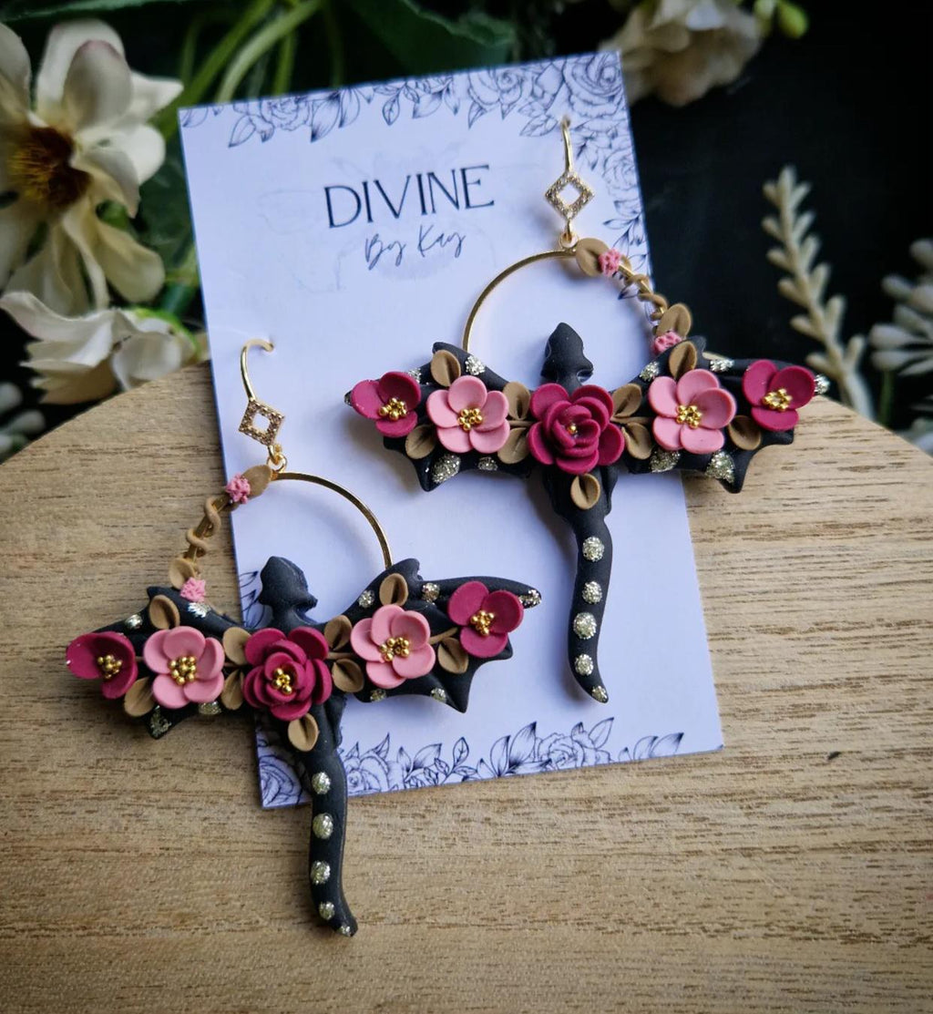 floral dragon earrings - gothic jewellery - gift ideas for her - elegant clay earrings