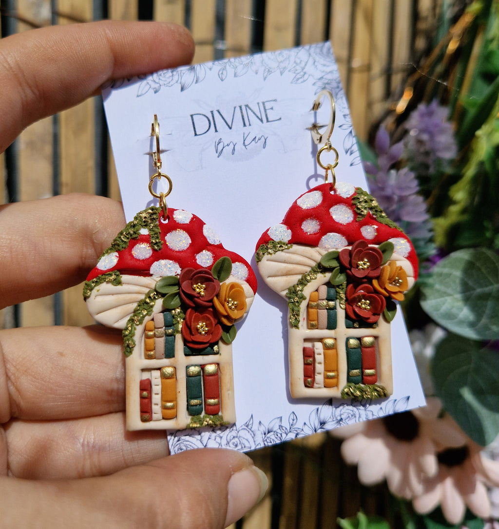 Mushroom Book Earrings - book lover gifts - quirky earrings  - bookshelf earrings - book club gifts