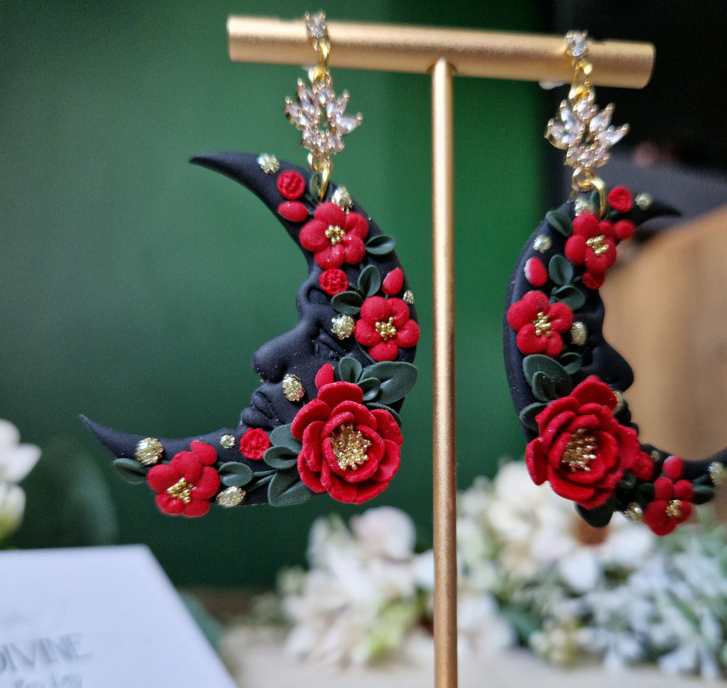 black & red floral moon earrings, celestial jewellery, gifts for her