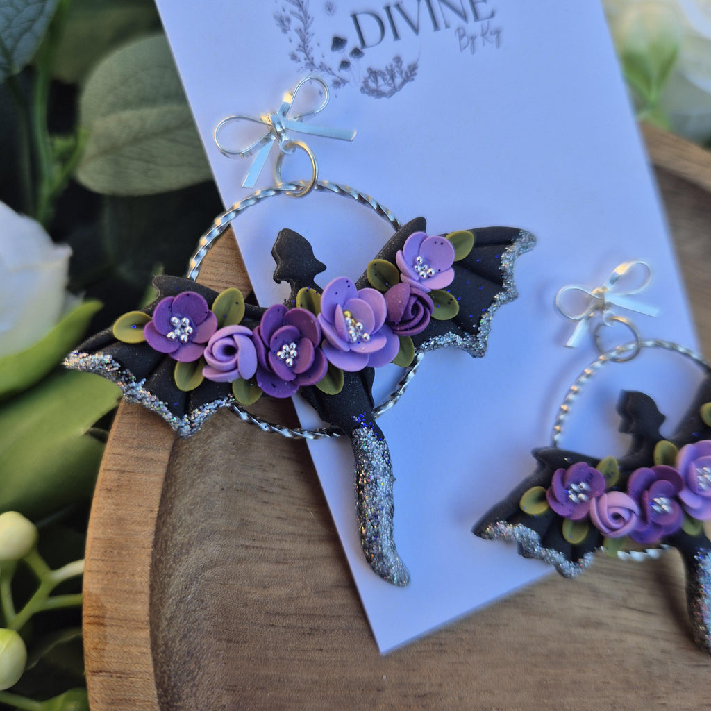purple silver dragon earrings - gothic jewellery - gift ideas for her - elegant clay earrings