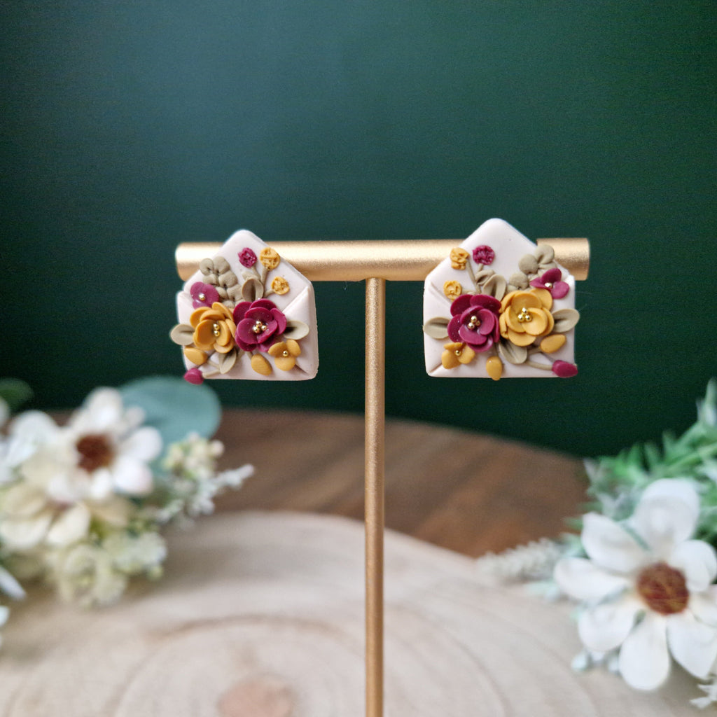 Floral envelope stud earrings - clay earrings - quirky earrings - gifts for her - statement jewellery