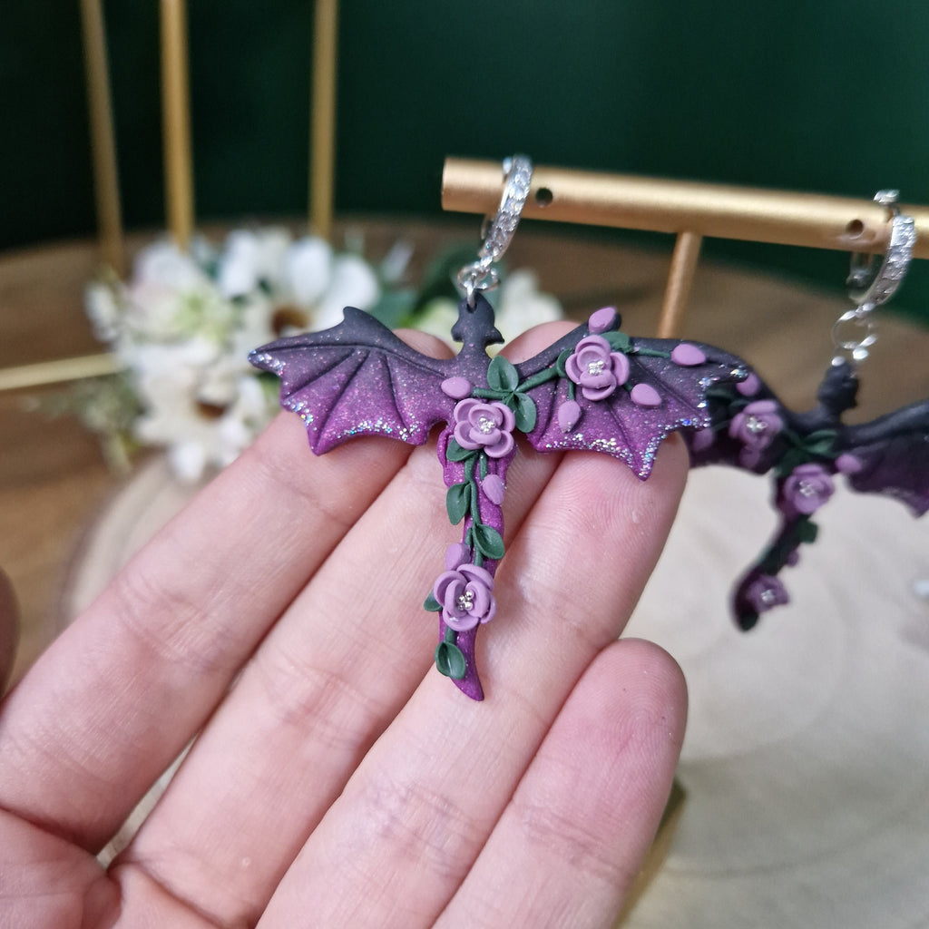 purple ombre dragon earrings - gothic jewellery - gift ideas for her - elegant clay earrings