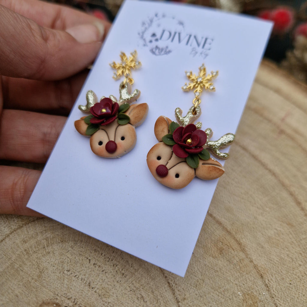 reindeer jewellery gift set, Christmas earrings, polymer clay earrings, handmade jewellery,
