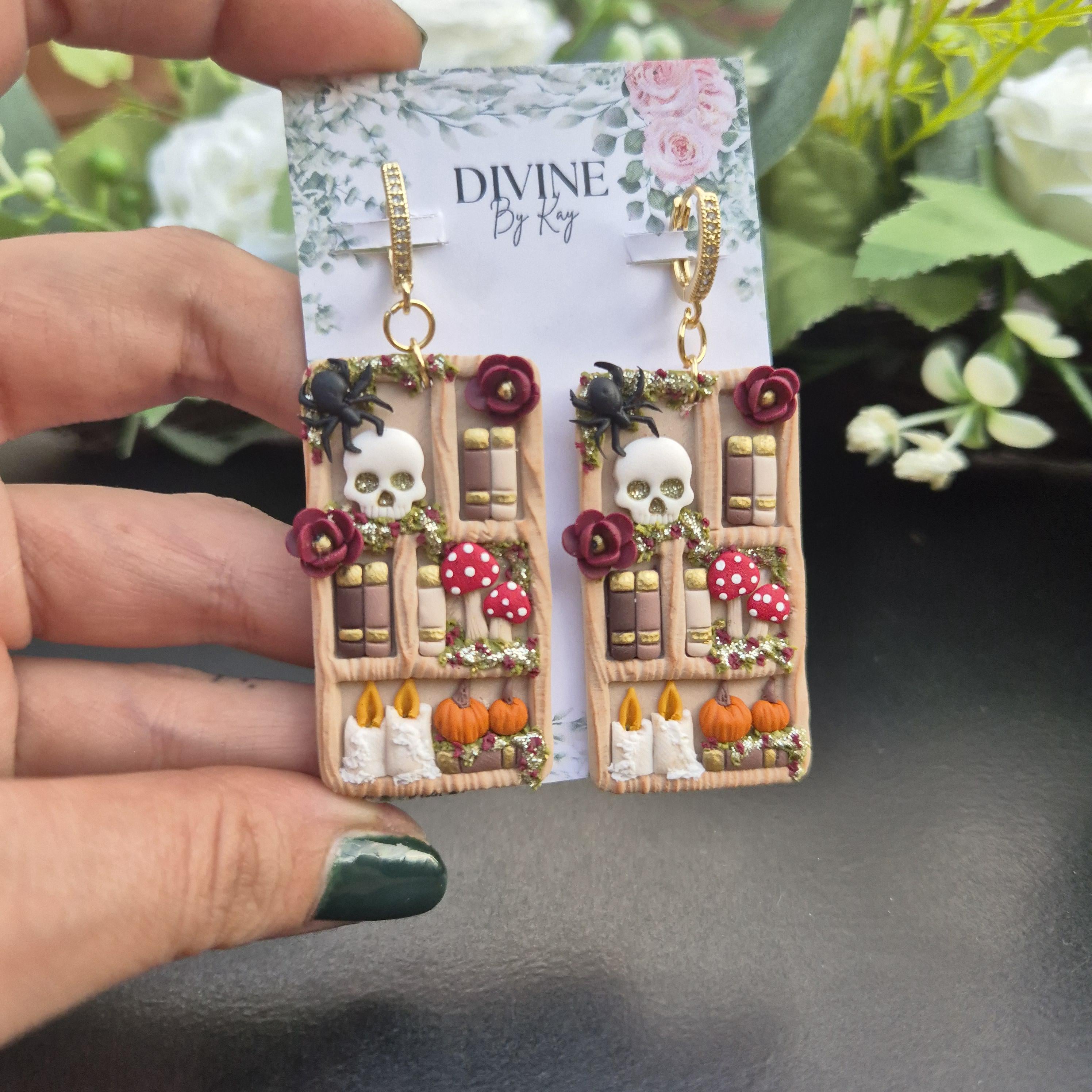 spooky skull Book Earrings - book lover gifts - quirky earrings  - bookshelf earrings - book club gifts