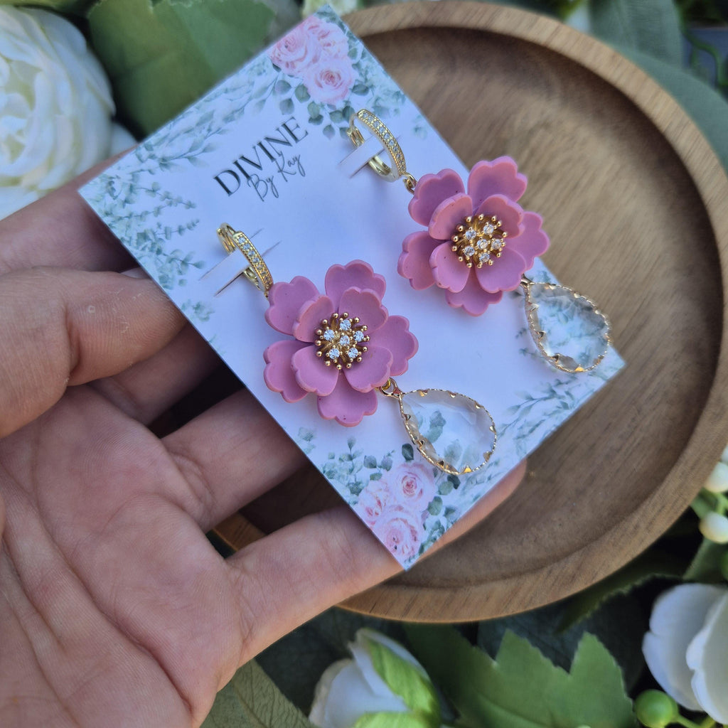 elegant pink dangle earrings - clay earrings  - gifts for her - flower earrings