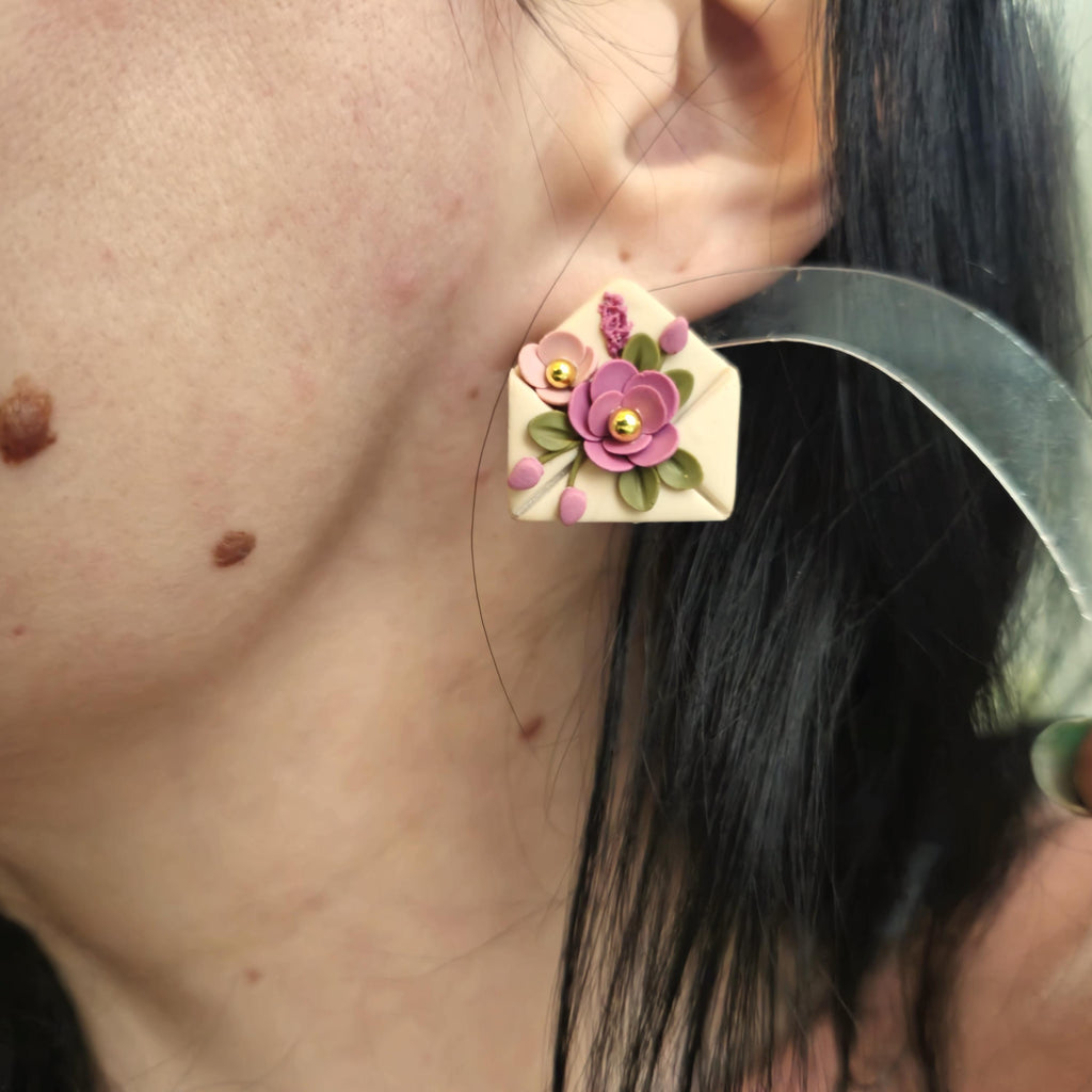 Floral envelope stud earrings - clay earrings - quirky earrings - gifts for her - statement jewellery