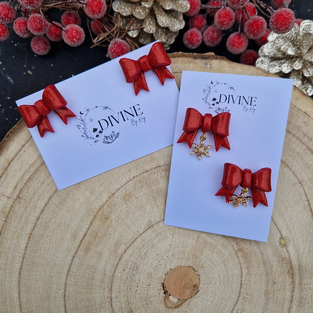 Christmas bow earrings, minimalist earrings, festive earrings, secret santa gift, dainty dangle studs