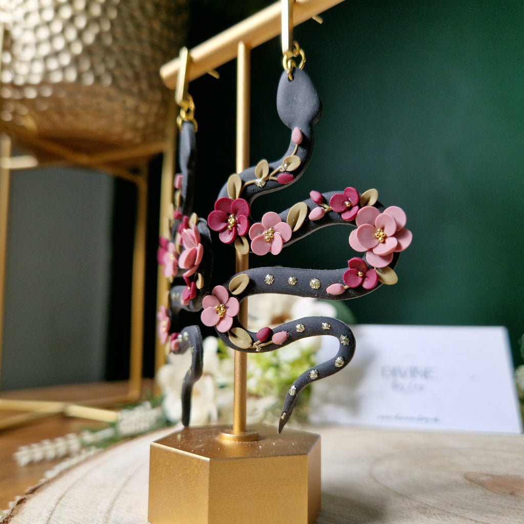 pink floral snake earrings - flower earrings - handmade clay earrings - gifts for her - birthday gift - mothers day - best friend gift