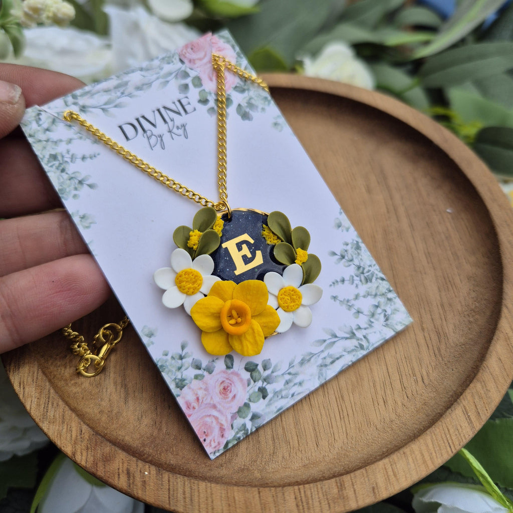 Spring flower initial pendant, mushroom necklace, birthday gifts for her, anniversary gift, nature lover gifts